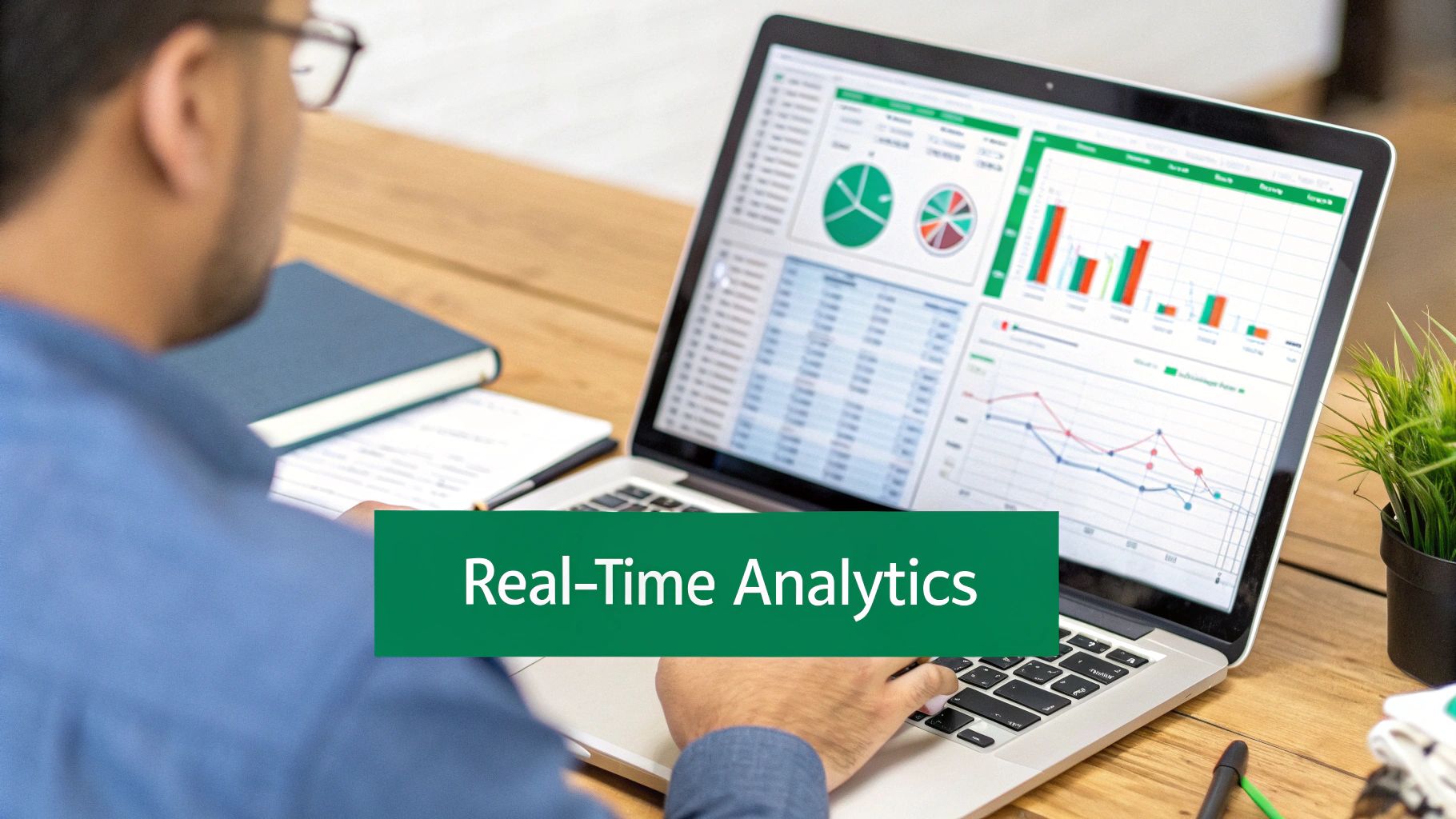 Man viewing real-time analytics charts and data on a laptop.