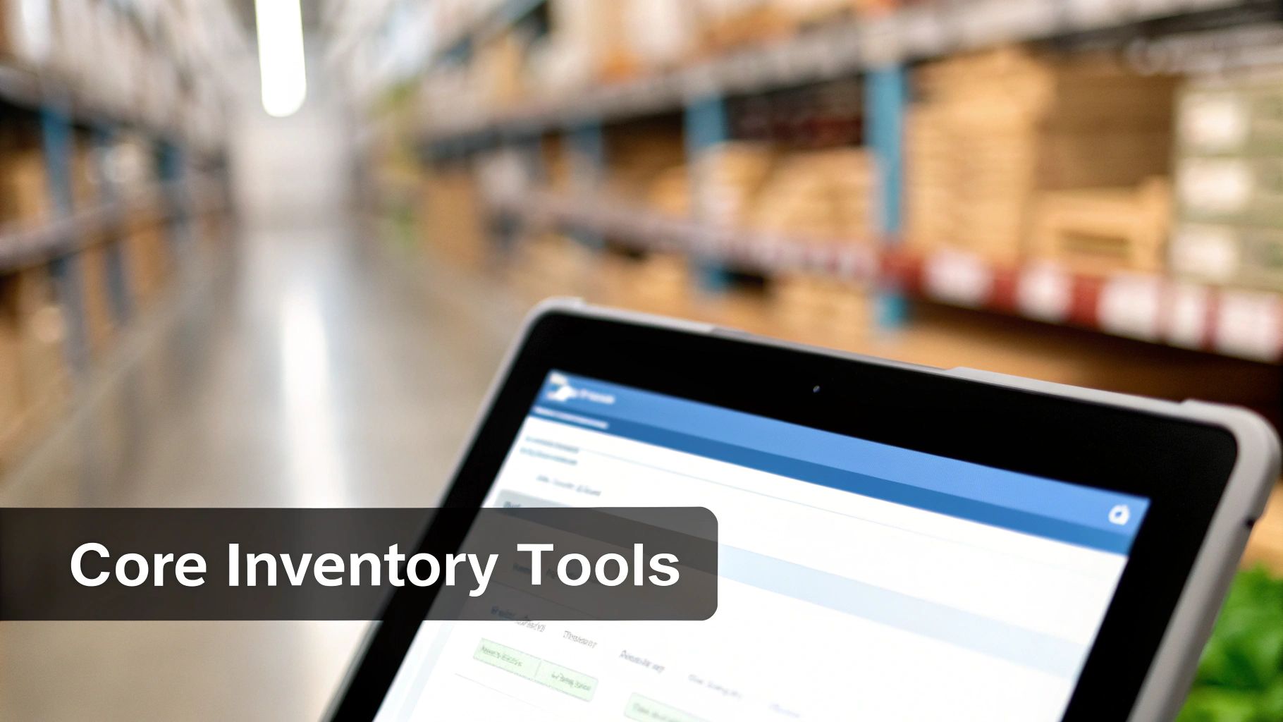 A tablet displaying inventory management software in a blurred warehouse setting with text overlay.