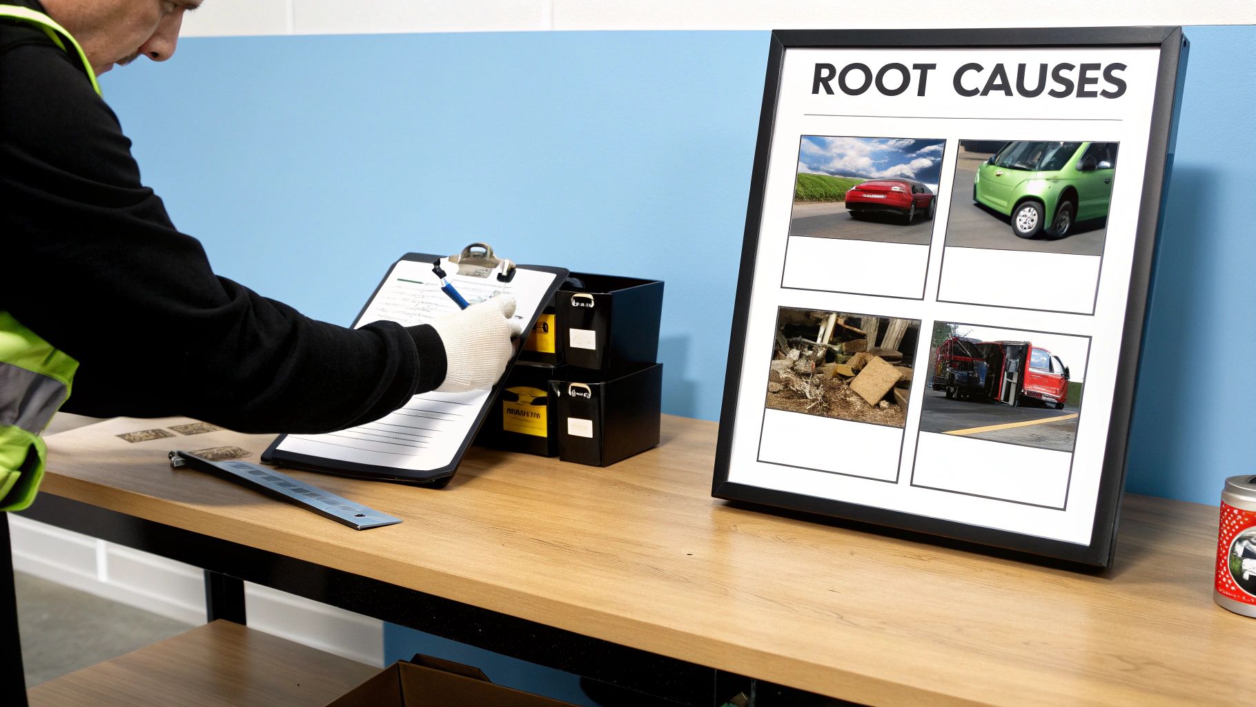 A person in a safety vest writes on a clipboard next to a 'ROOT CAUSES' board with accident images.