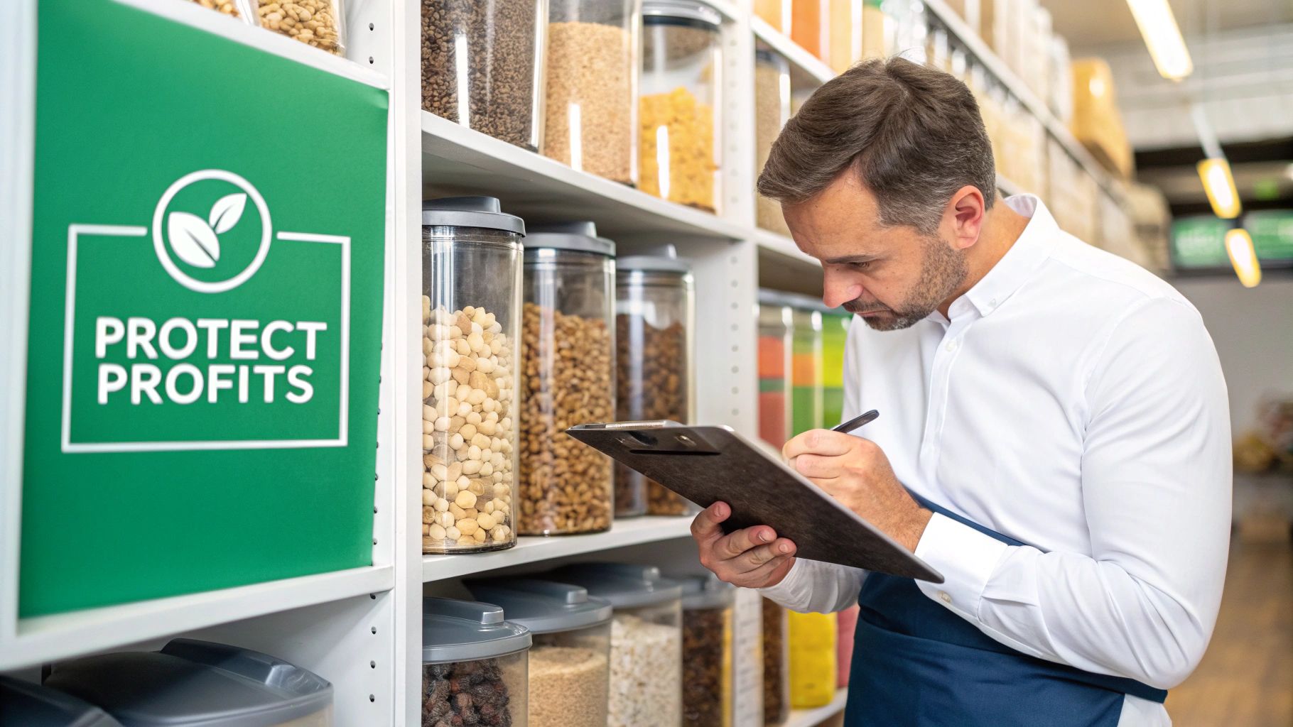 A man in an apron is diligently taking inventory of food items on shelves in a store.