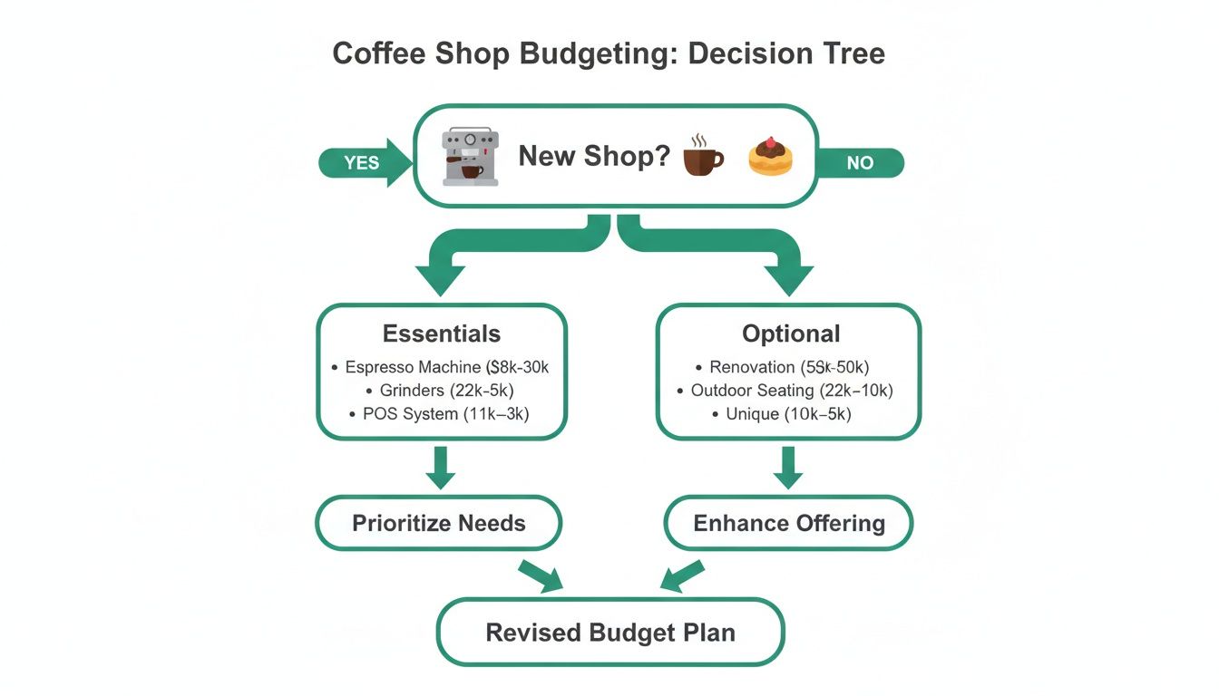 A decision tree flowchart outlines coffee shop budgeting, differentiating essential and optional expenses.