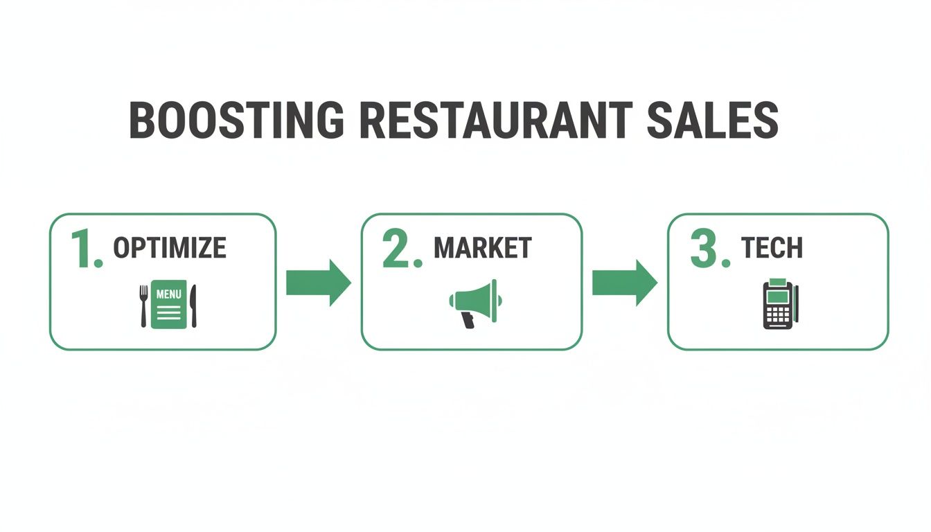 A three-step infographic outlining strategies to boost restaurant sales: optimize menu, market, and tech.