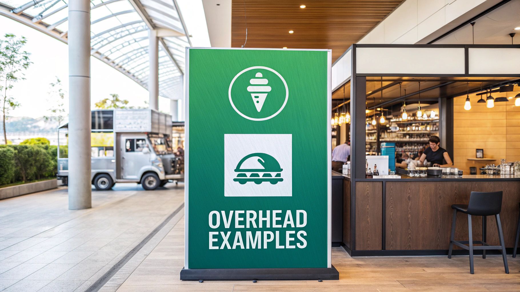 A green sign with ice cream and burger icons displaying "OVERHEAD EXAMPLES" in a commercial setting.