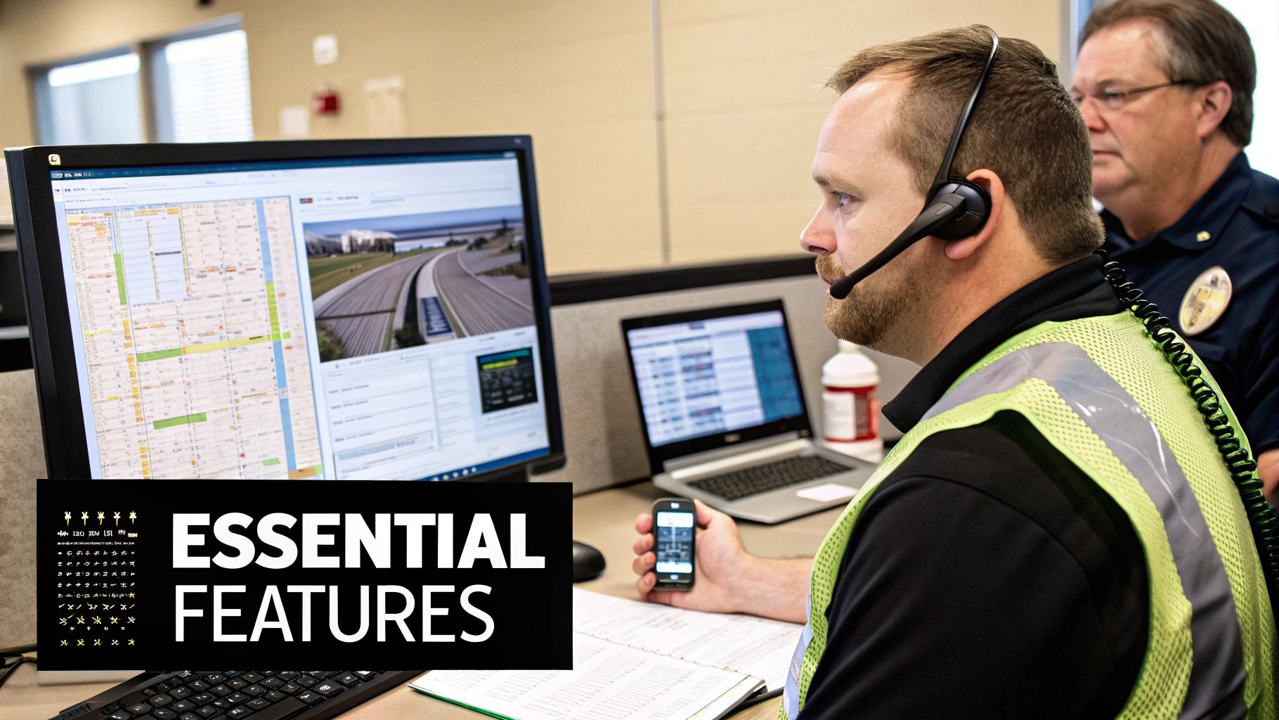 A man in a high-visibility vest and headset works at a computer, holding a device. Another man in uniform observes.