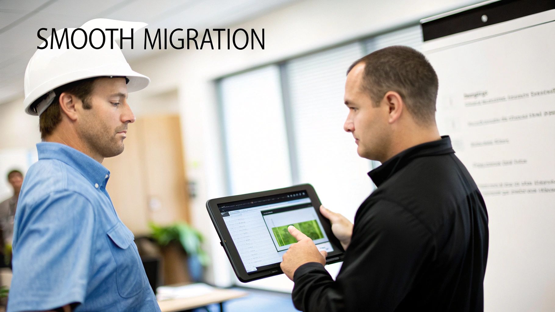 Best Field Management Software Tackon FSM in Choosing Software For HVAC Business A Practical Guide 5 Two male professionals, one in a hard hat, review a tablet screen in an office setting.