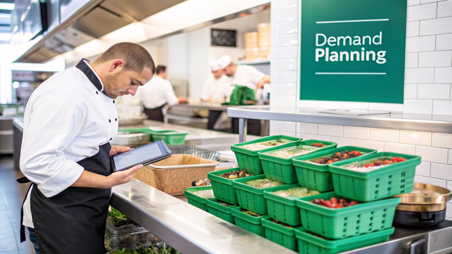 A chef uses a tablet for demand planning in a commercial kitchen with stacked food containers.