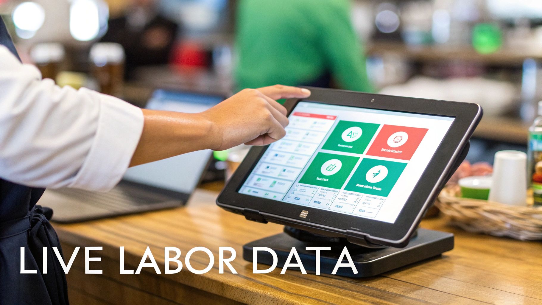 Hand tapping a tablet displaying live labor data for restaurant management on a counter.
