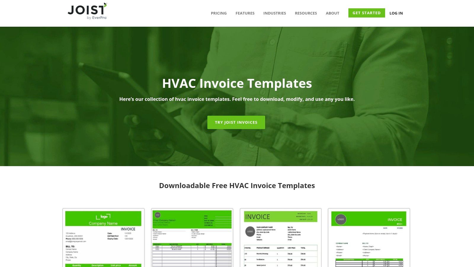 Joist’s website showing a preview of their free HVAC invoice templates available for download in various formats.