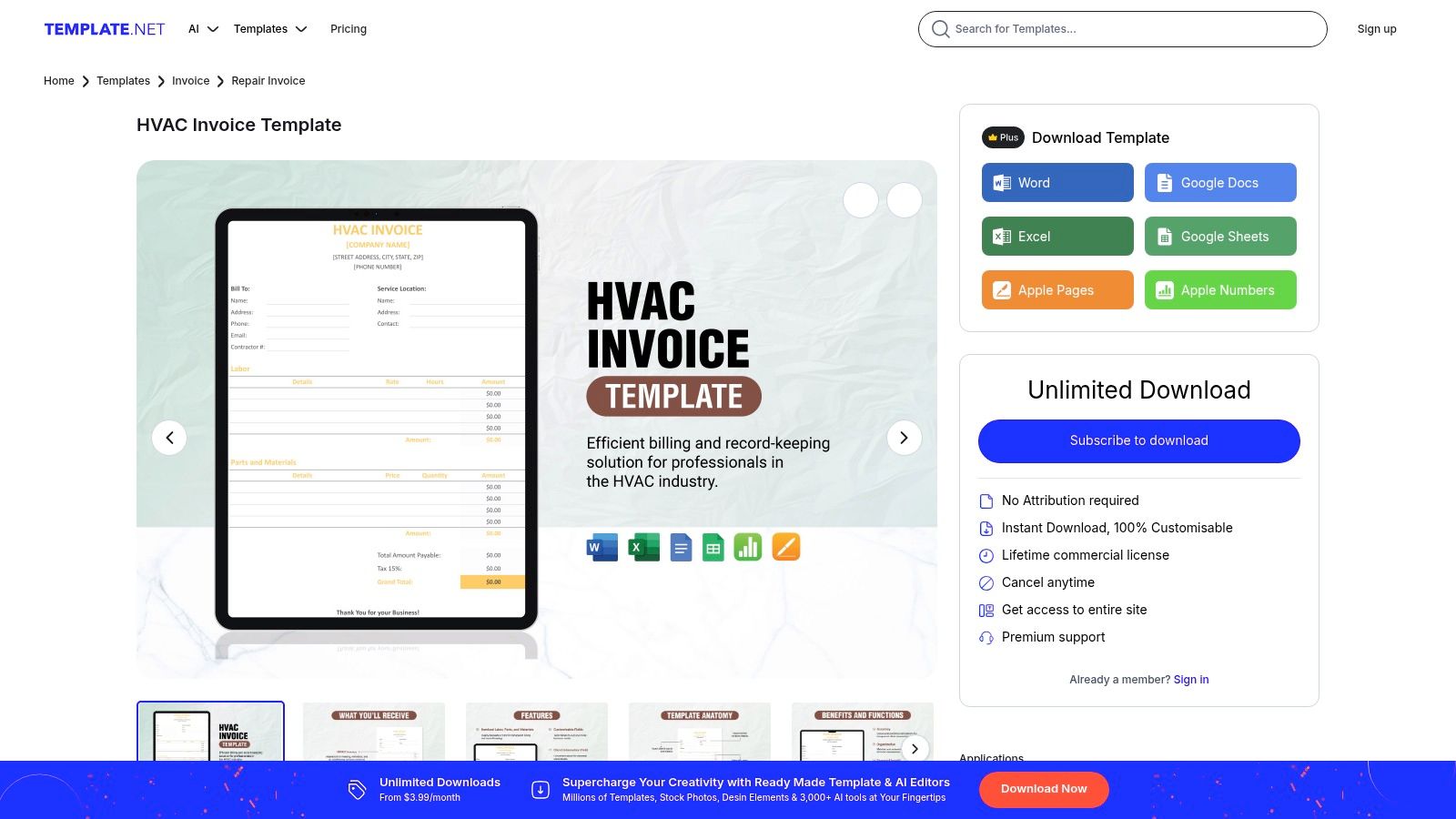 Template.net's collection of various HVAC invoice templates available for download.