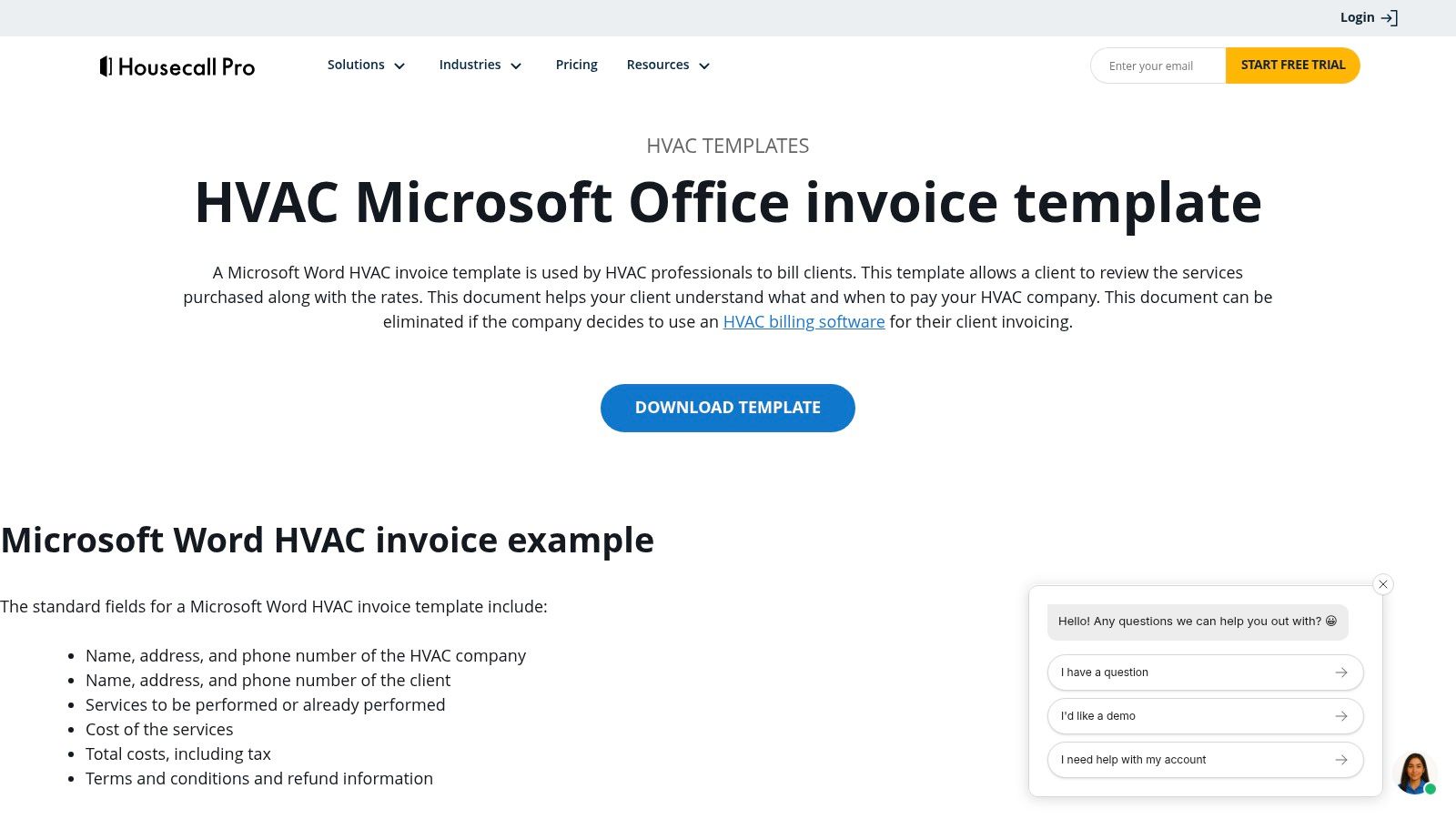 Housecall Pro's downloadable HVAC invoice template shown in a spreadsheet format, detailing services, costs, and totals.