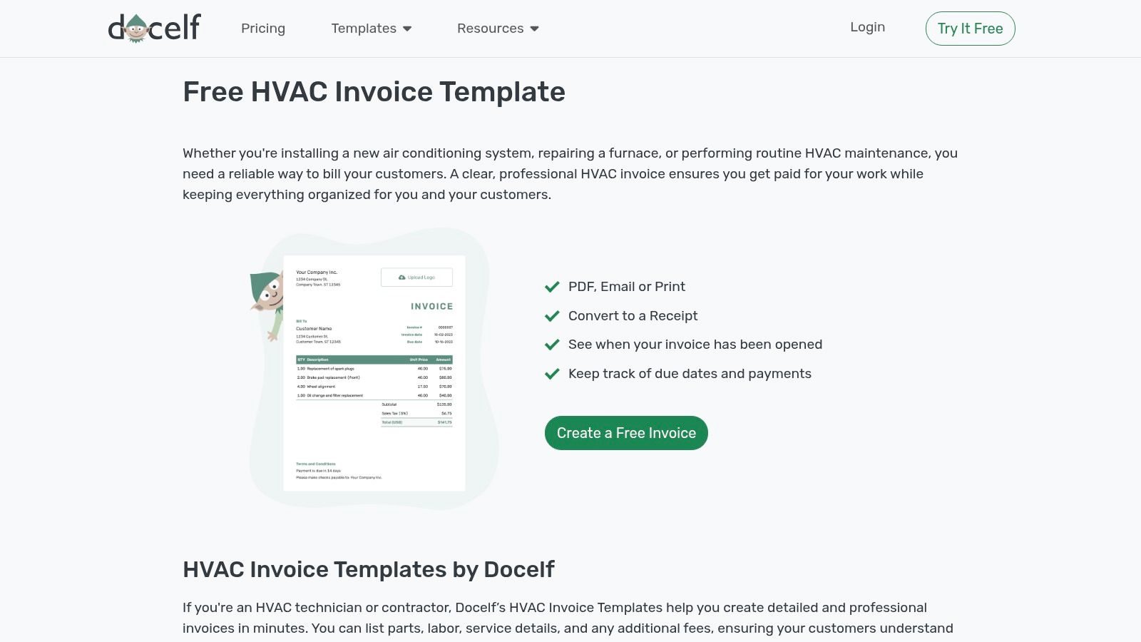 Docelf's HVAC invoice template creation interface showing options for customization and line item entry.