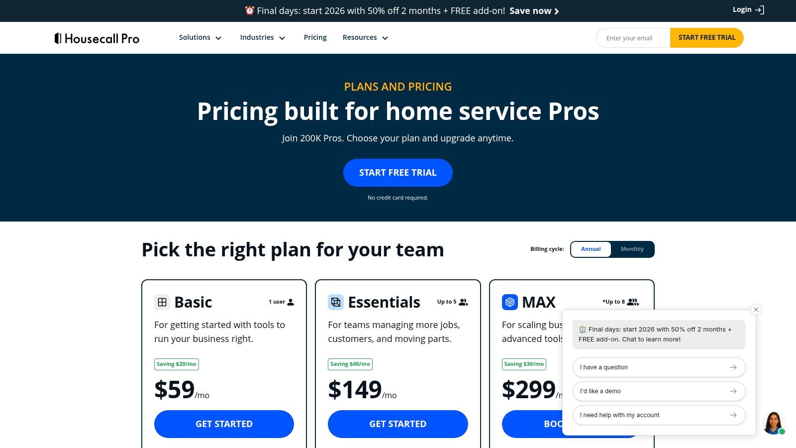 Best Field Management Software Tackon FSM in Top 12 ServiceTitan Alternatives for HVAC, Plumbing & Electrical in 2026 4 Housecall Pro pricing plans including Basic, Essentials, and Max tiers.