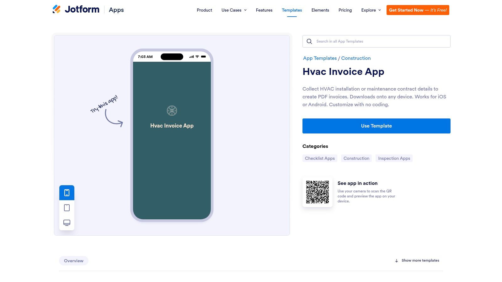 Jotform's HVAC invoice app template, showing the mobile-friendly interface for creating and managing invoices.