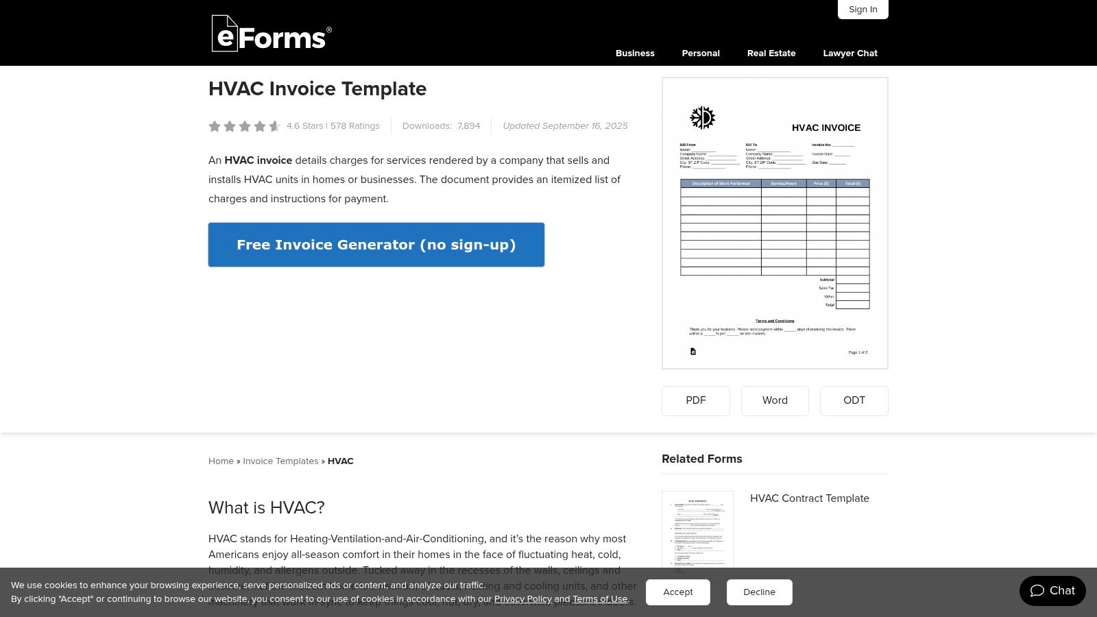eForms HVAC invoice template page showing download options for Word and PDF formats.