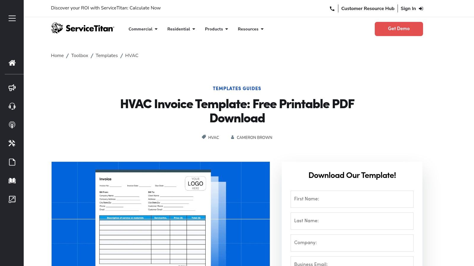 ServiceTitan's web-based HVAC invoice generator tool, showing fields for company logo, client details, line items, and signatures.