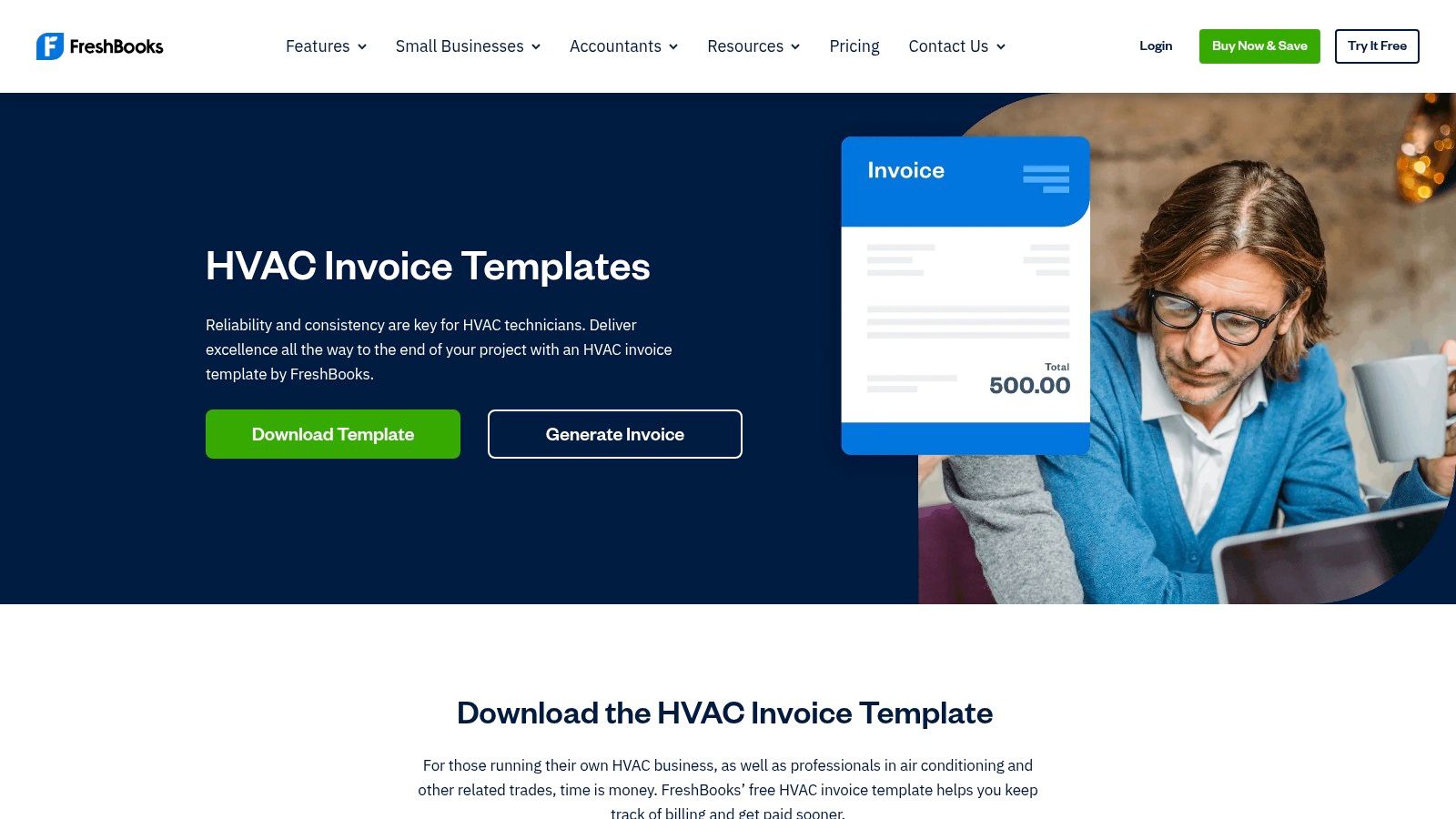 FreshBooks' web-based HVAC invoice generator, showing clean input fields for company, client, and itemized service details.