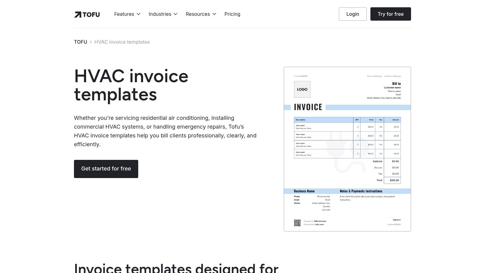Tofu's online HVAC invoice generator showing a clean layout with options for company details, client info, services, and totals.