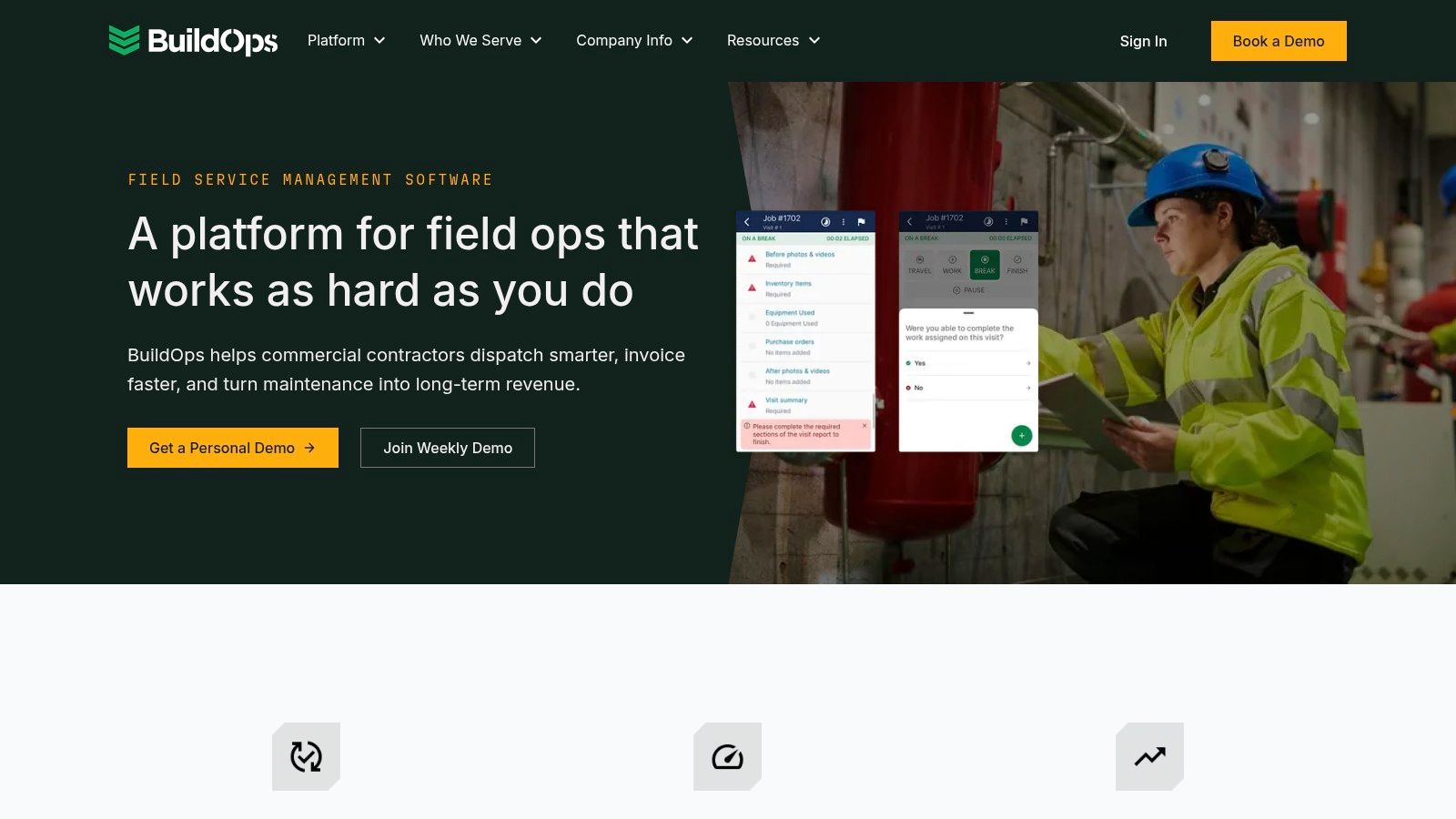 Best Field Management Software Tackon FSM in Top 12 ServiceTitan Alternatives for HVAC, Plumbing & Electrical in 2026 8 BuildOps field service management dashboard showing job details and technician assignments.