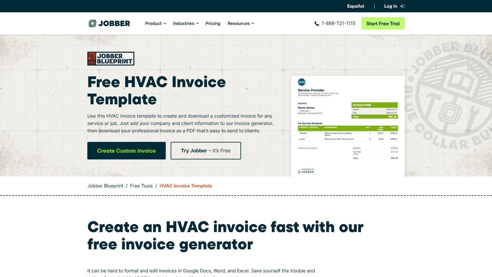 Jobber's free online invoice generator, showing fields for company details, client information, and a service and cost breakdown.