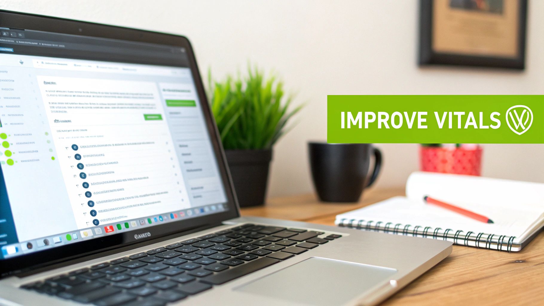 A laptop on a wooden desk displaying a web performance dashboard and a 'IMPROVE VITALS' banner.