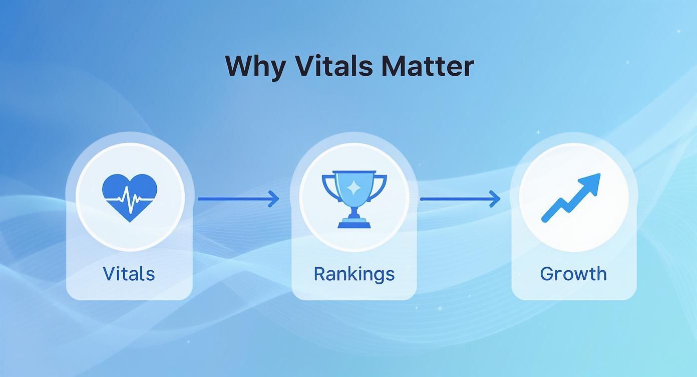 Diagram illustrating how core web vitals lead to improved rankings and ultimately business growth.