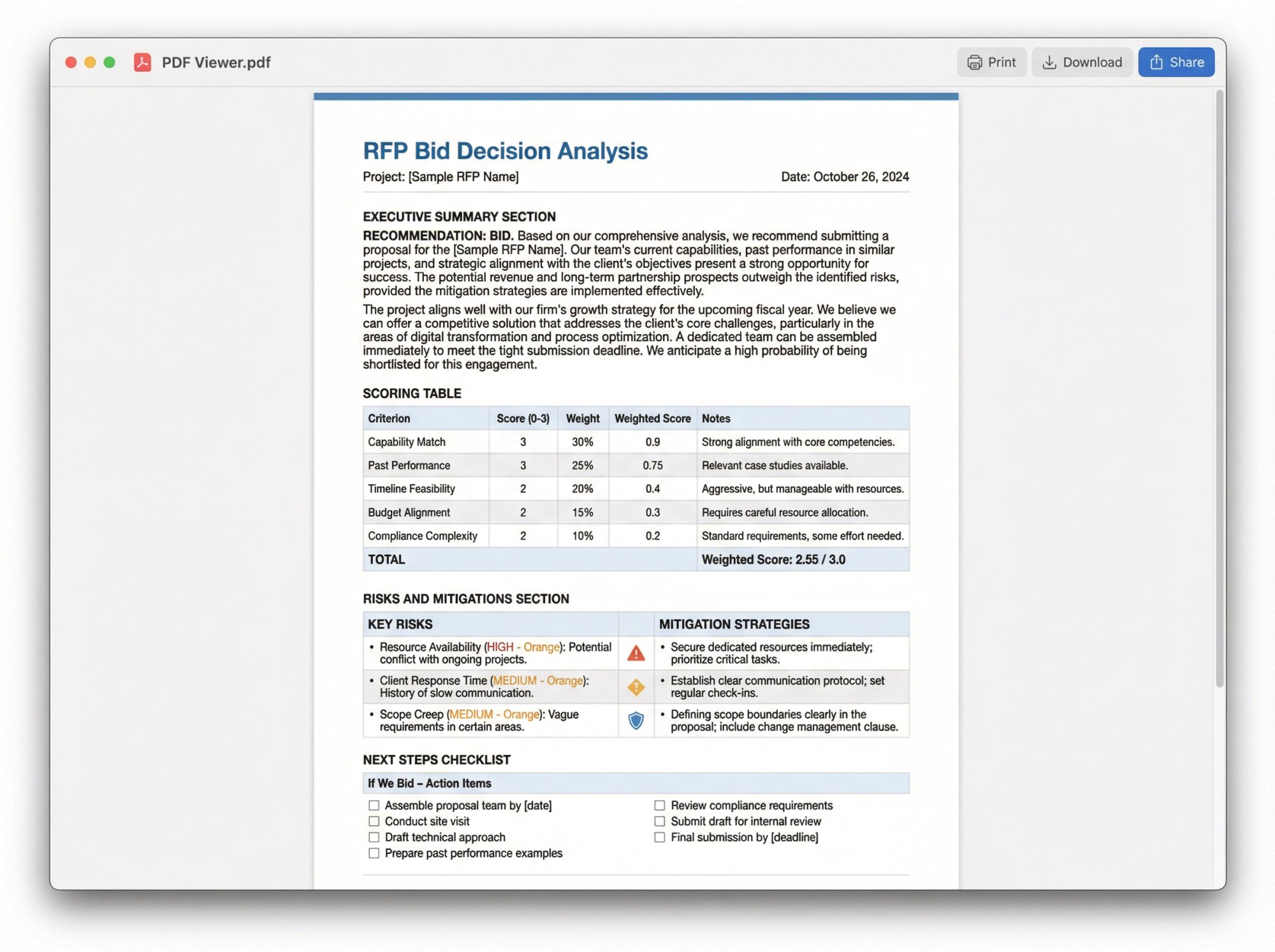 Professional RFP bid decision document mockup showing executive summary, scoring table, risk matrix, and next steps checklist in a clean business format