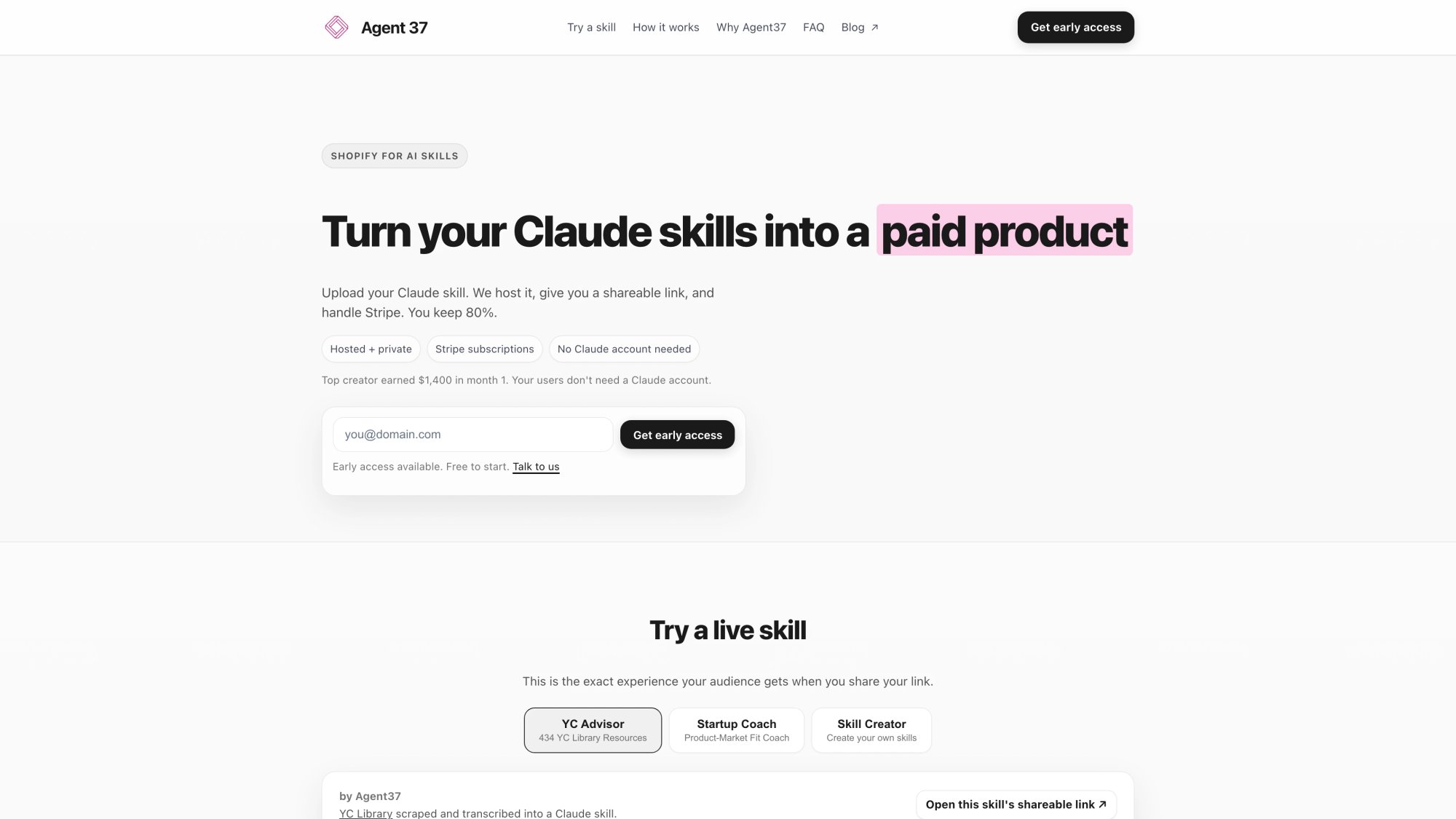 Agent37 homepage showing no-code agent building platform