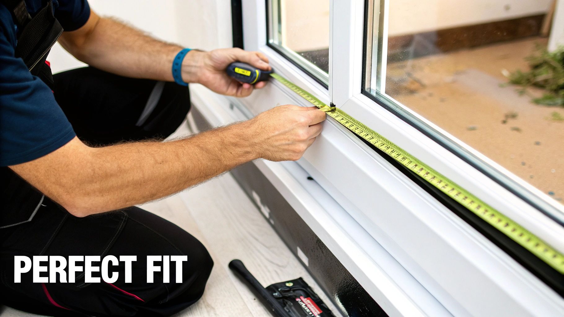 A person's hands precisely measure a white window frame with a yellow tape measure, ensuring a perfect fit.