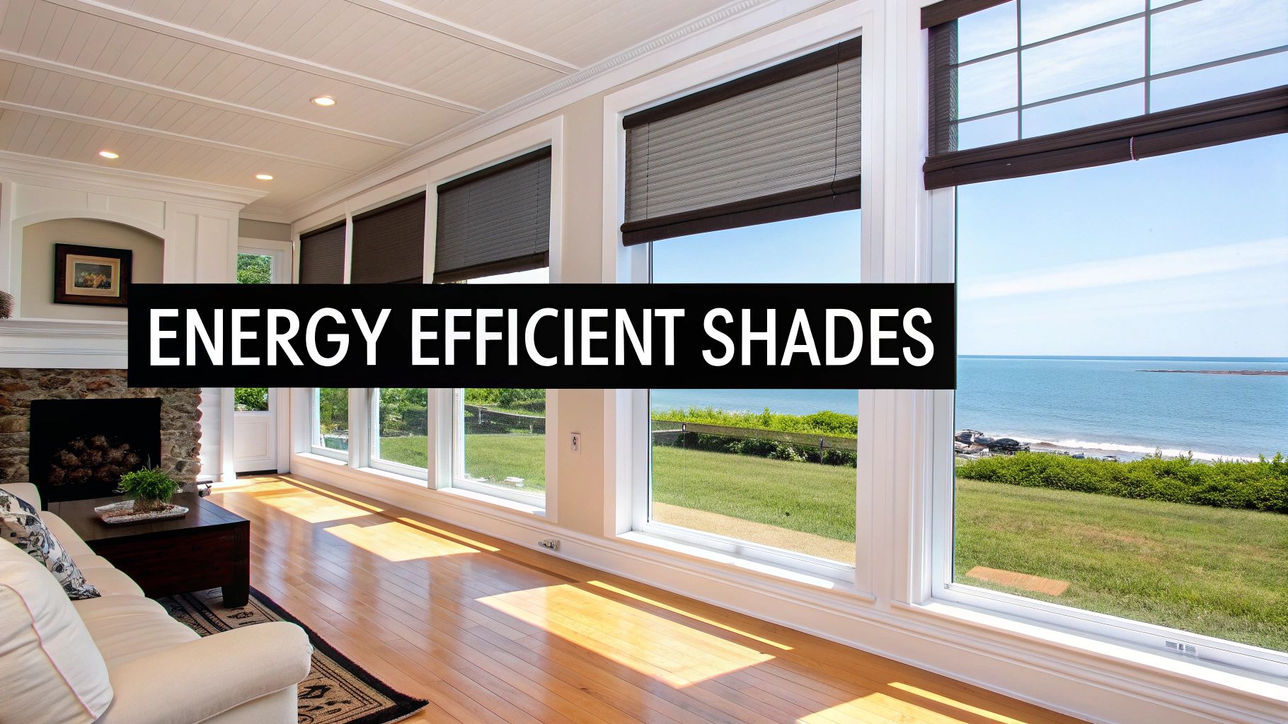 A bright living room with large windows showcasing dark brown energy-efficient cellular shades and an ocean view.