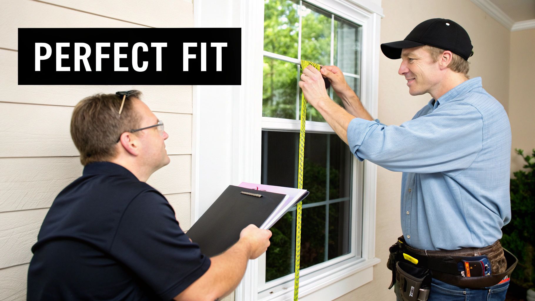 Two professional contractors measure a window with a tape measure, ensuring a perfect fit.