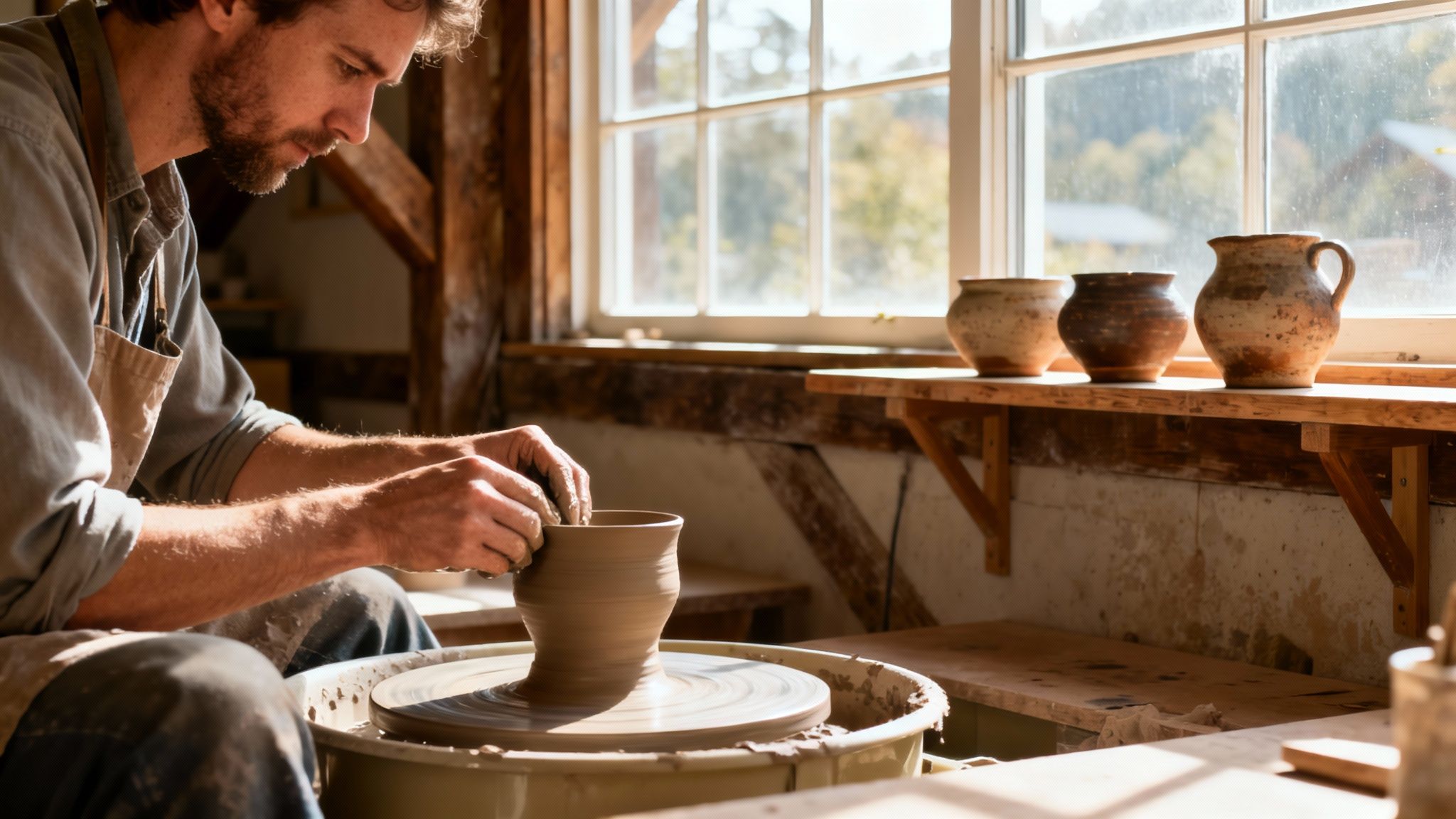 A skilled potter works on a clay pot on a spinning wheel in a rustic workshop.
