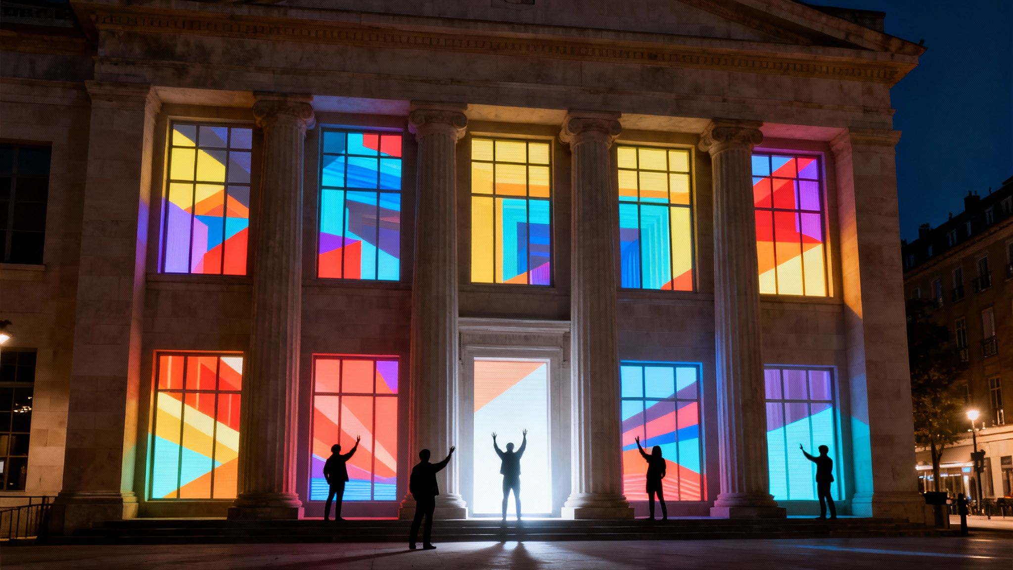 Colorful geometric light projections illuminate a building at night with human silhouettes.
