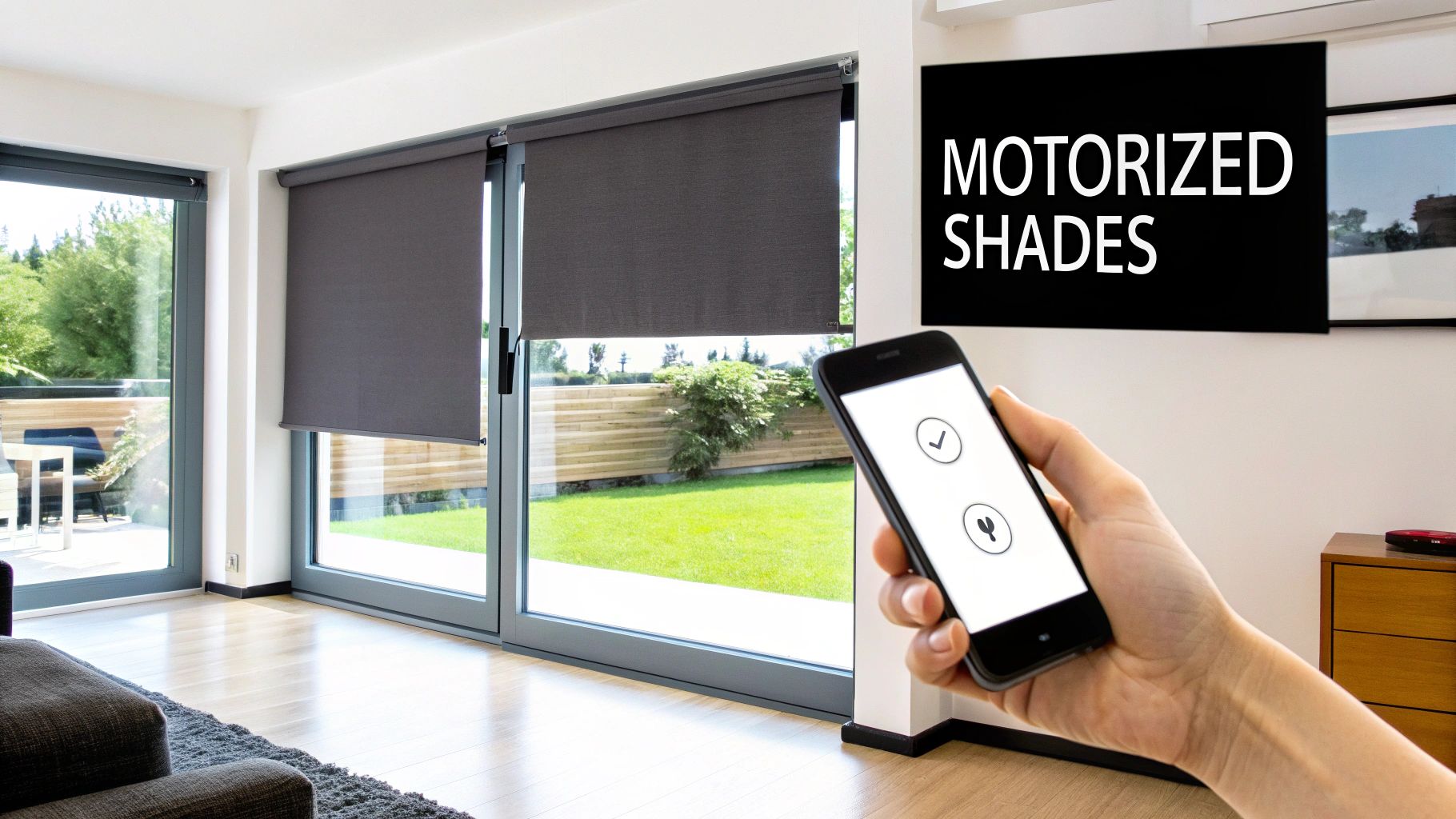 A hand uses a smartphone to control dark motorized shades on large sliding glass doors in a modern home.