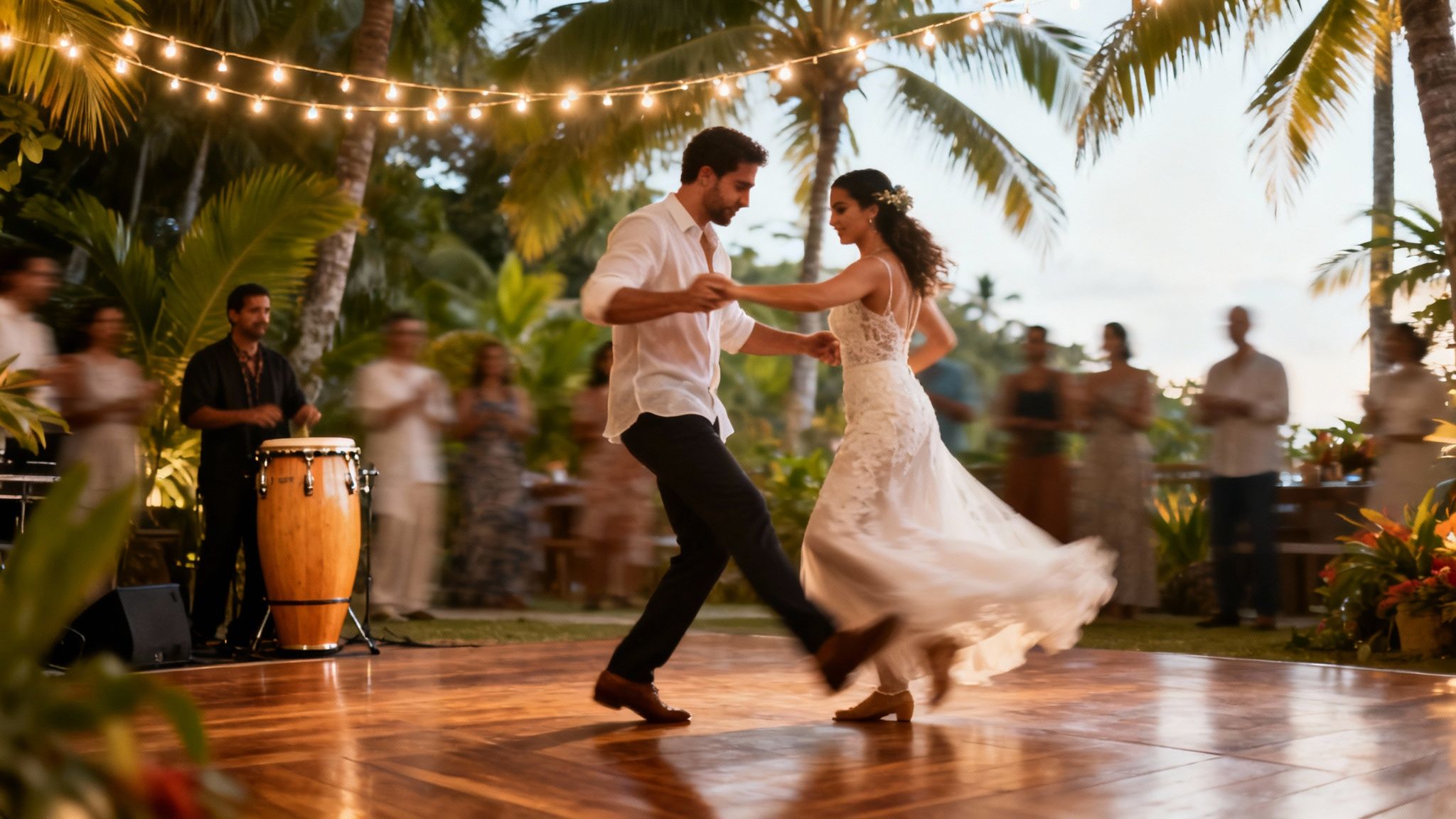 A happy couple dancing at an outdoor wedding reception with palm trees and string lights.