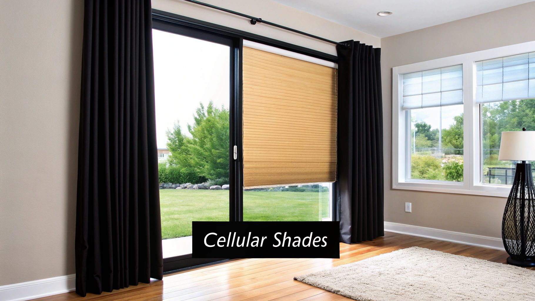 A modern room features a large sliding glass door with black drapes and a cellular shade, alongside two windows with Roman shades.