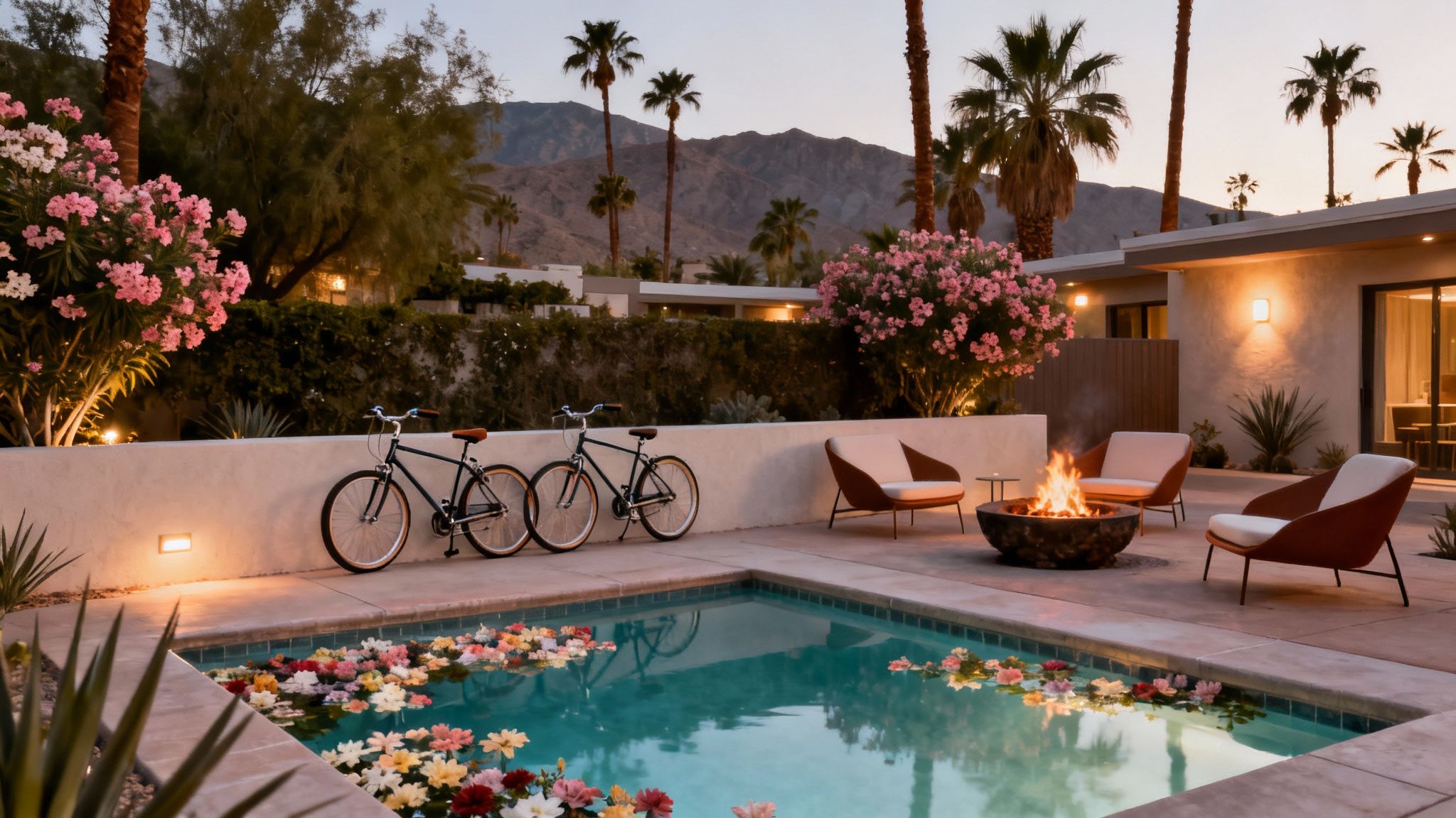 An outdoor desert resort patio with a pool, fire pit, lounge chairs, and two bicycles at dusk.