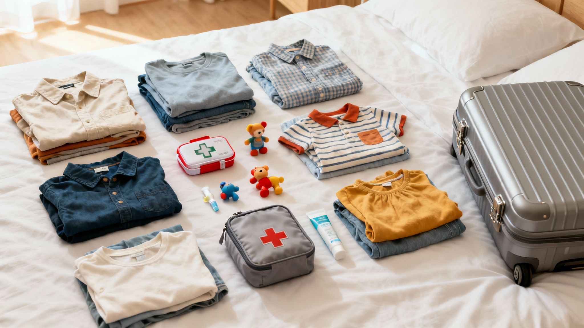 Neatly folded family clothes, first aid kits, toys, and toiletries on a bed for a trip.