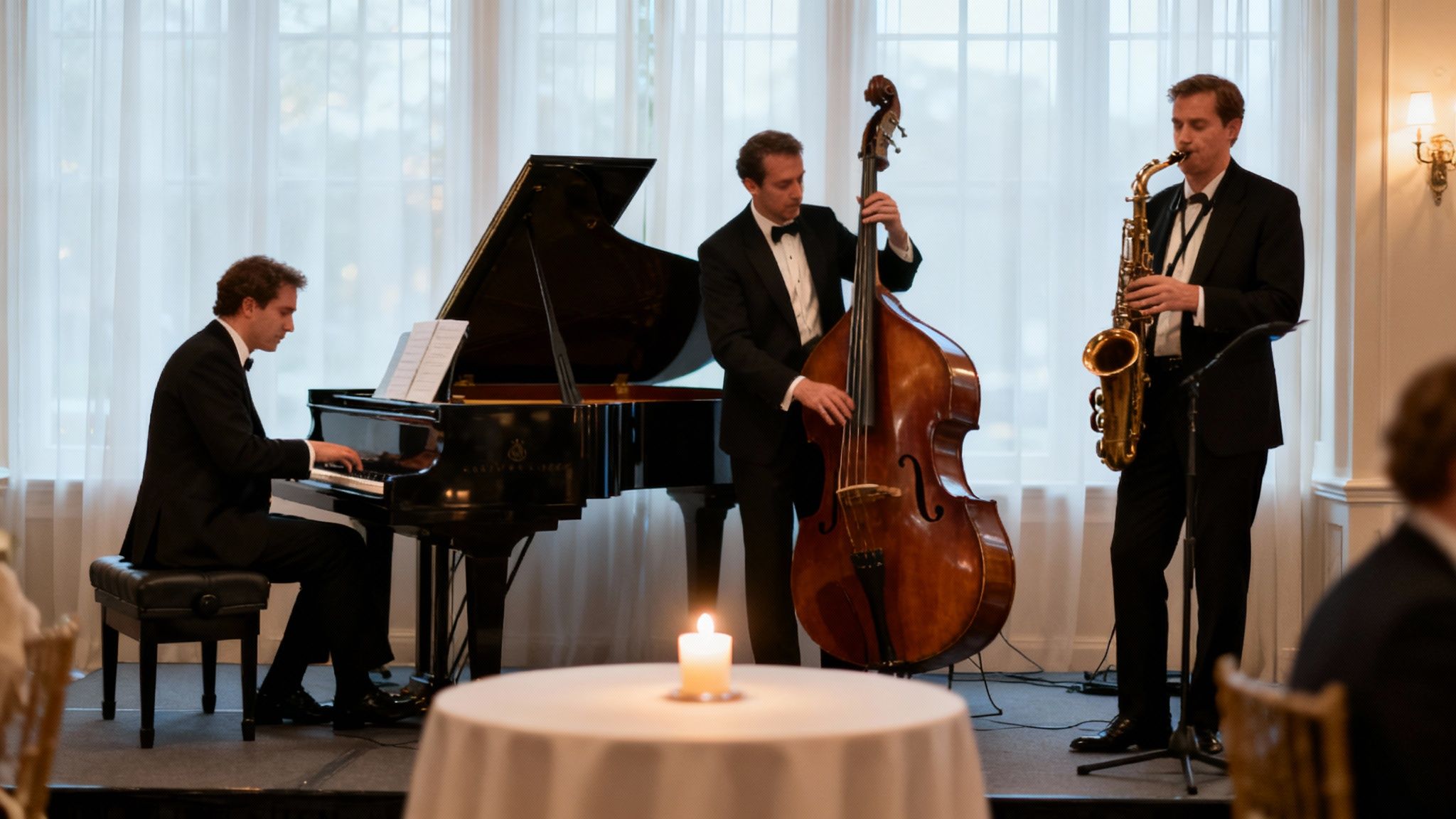 Elegant jazz trio performing at formal wedding reception with piano bass and saxophone