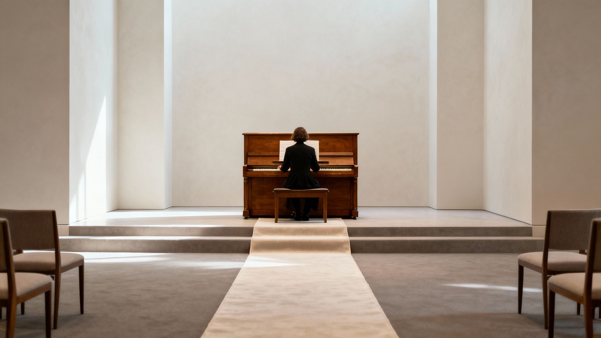 Rear view of a person playing a wooden piano on a stage in a minimalist hall with an aisle.