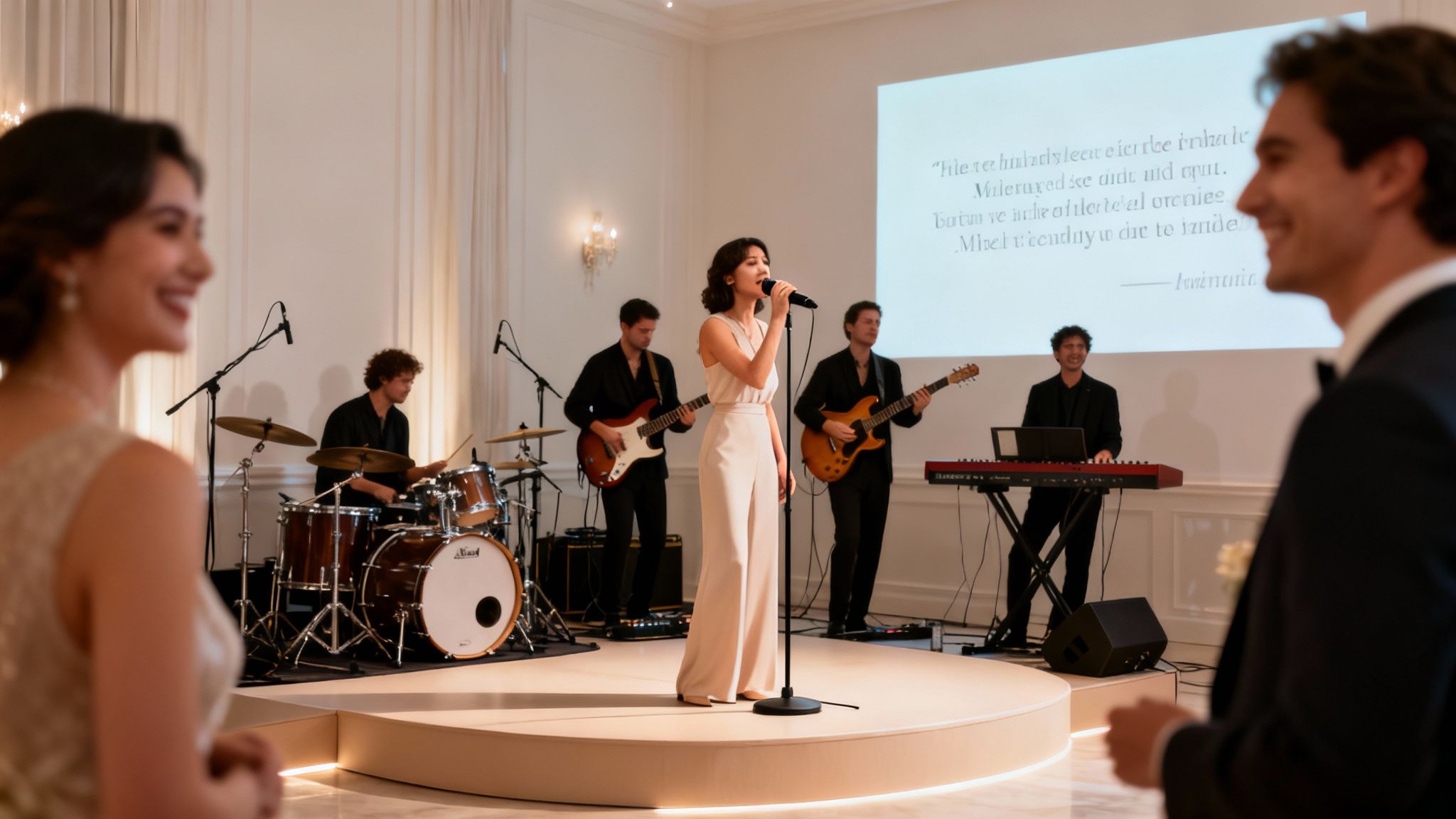 A live band performs on a stage with a female singer and musicians at an elegant wedding event.