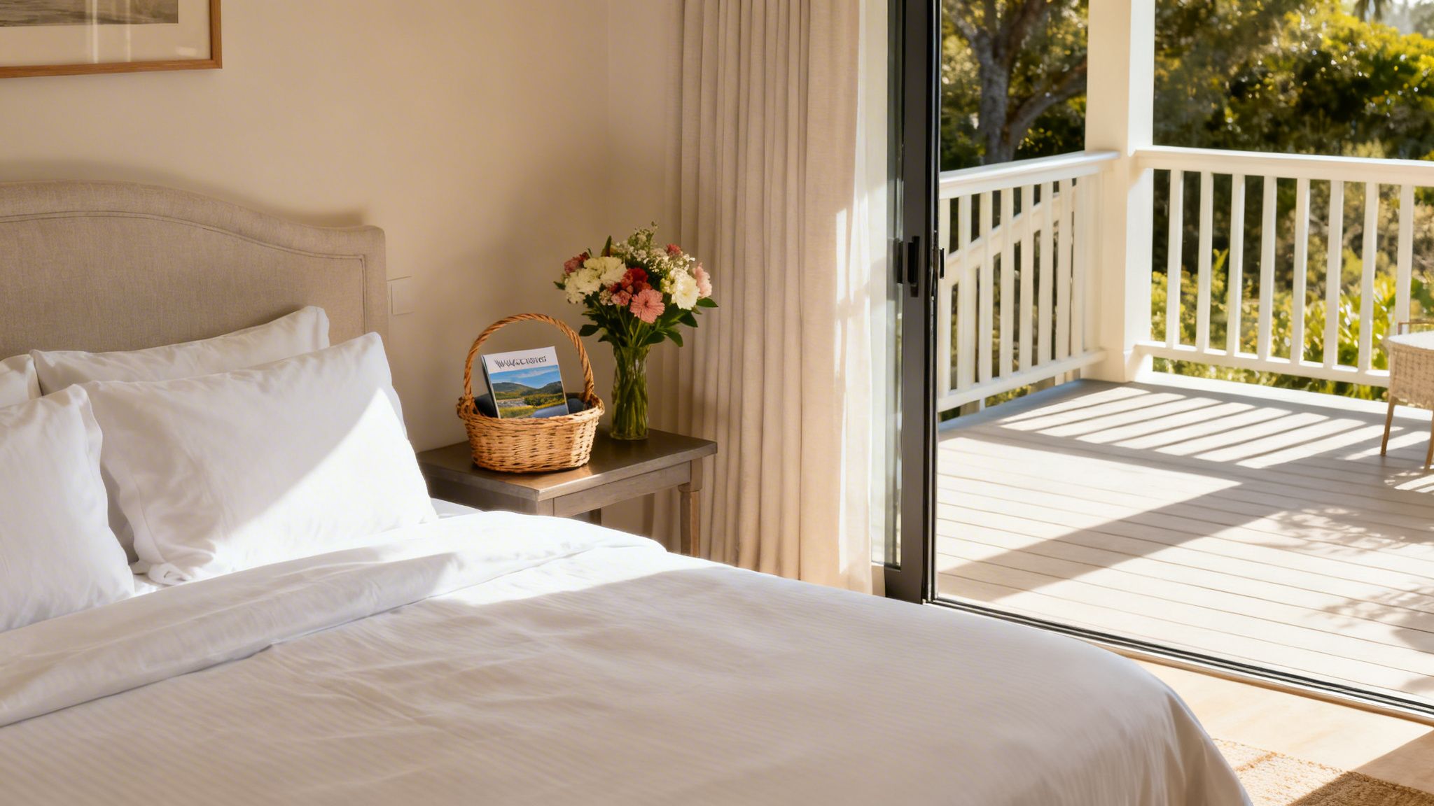Bright bedroom with white bedding, a nightstand with flowers, and a balcony overlooking nature.