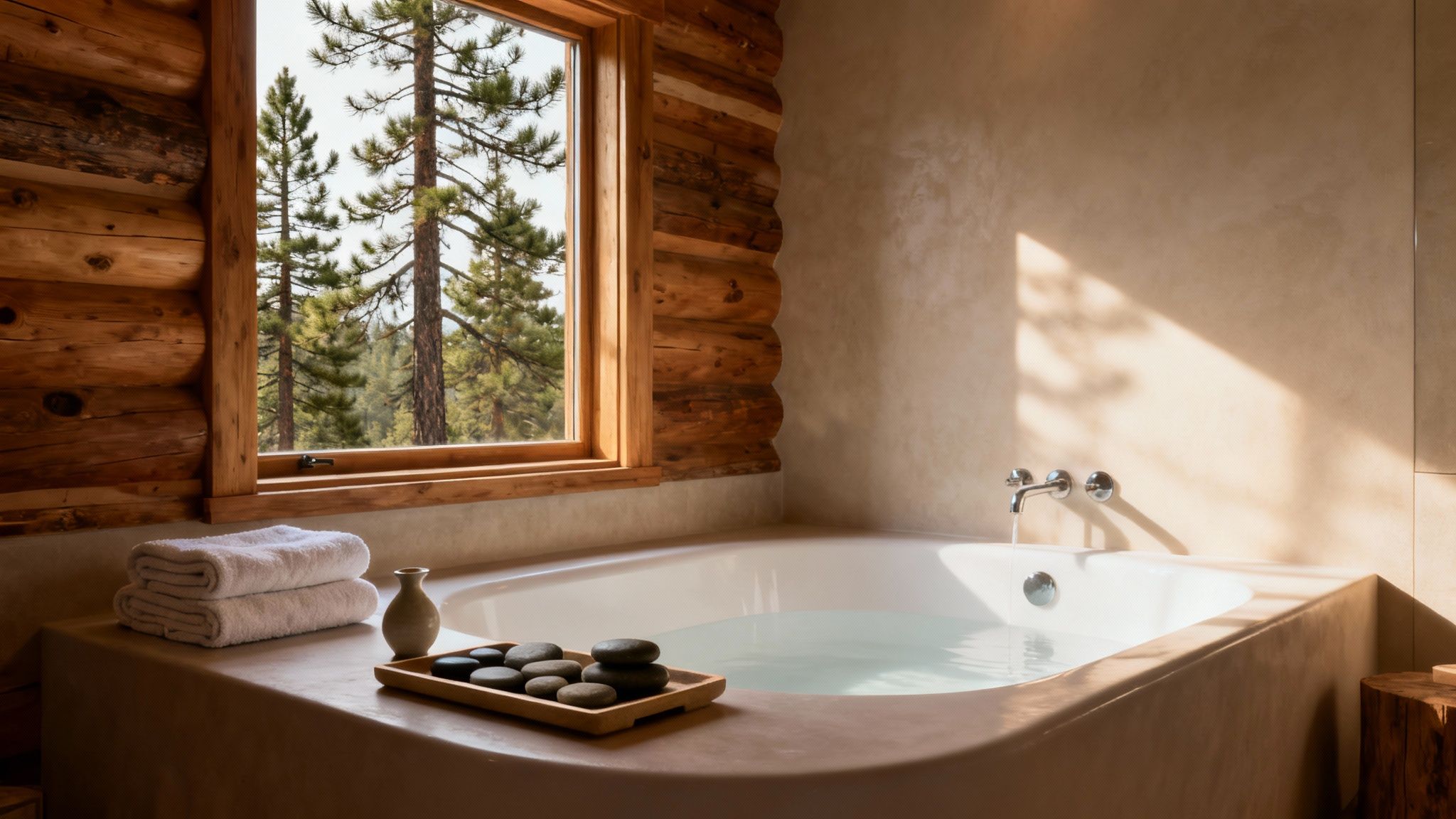 A serene log cabin bathroom featuring a large bathtub with a forest view and spa stones.