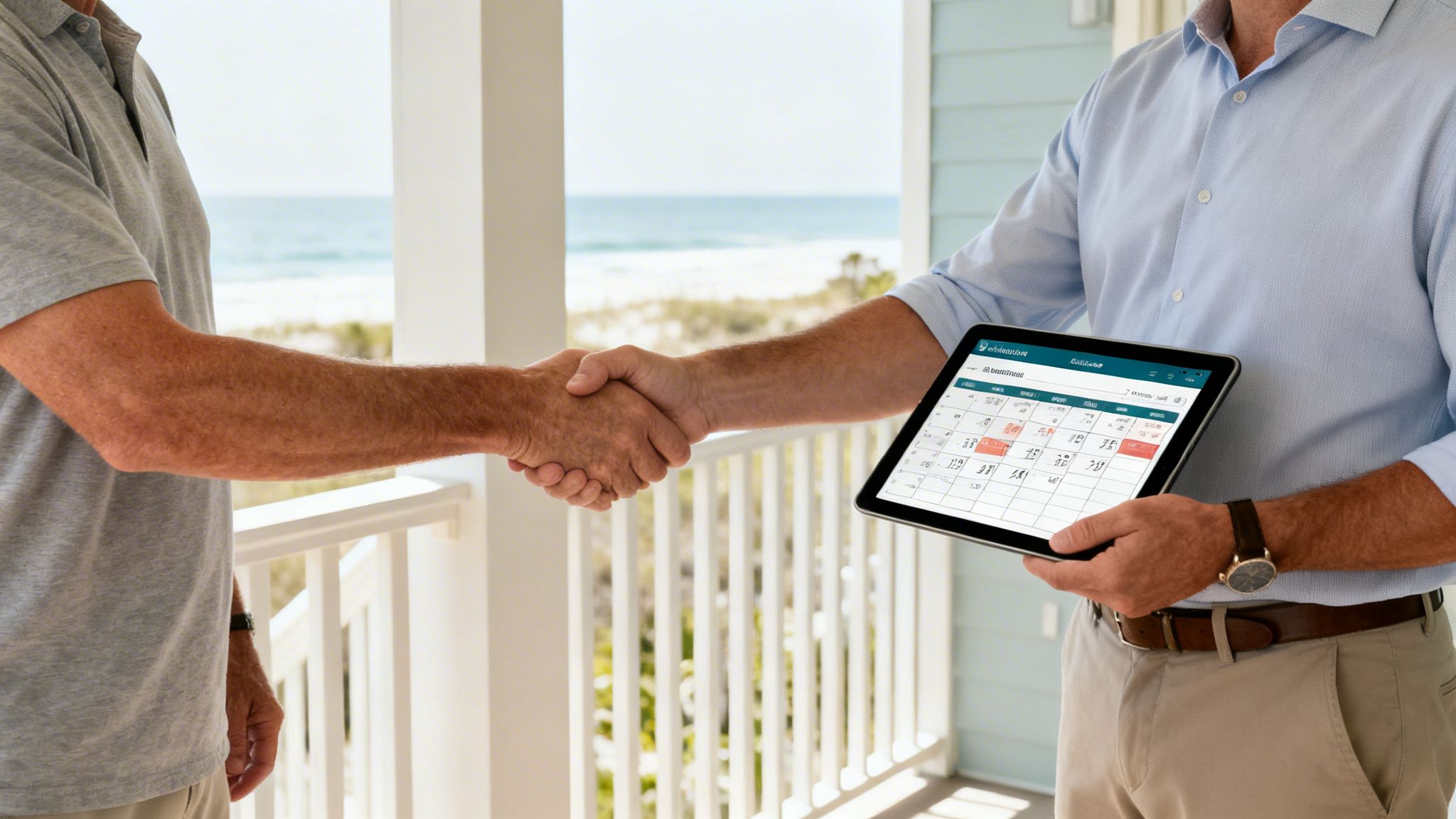Two men shaking hands on a beachside porch, one holding a tablet with a calendar app.