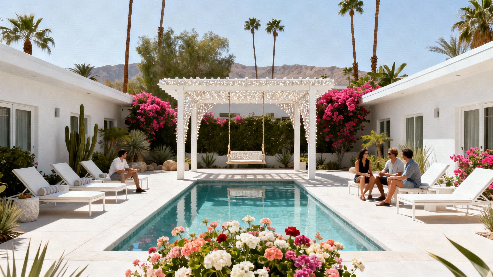 A luxurious resort pool area with white buildings, bougainvillea, palm trees, and people relaxing.