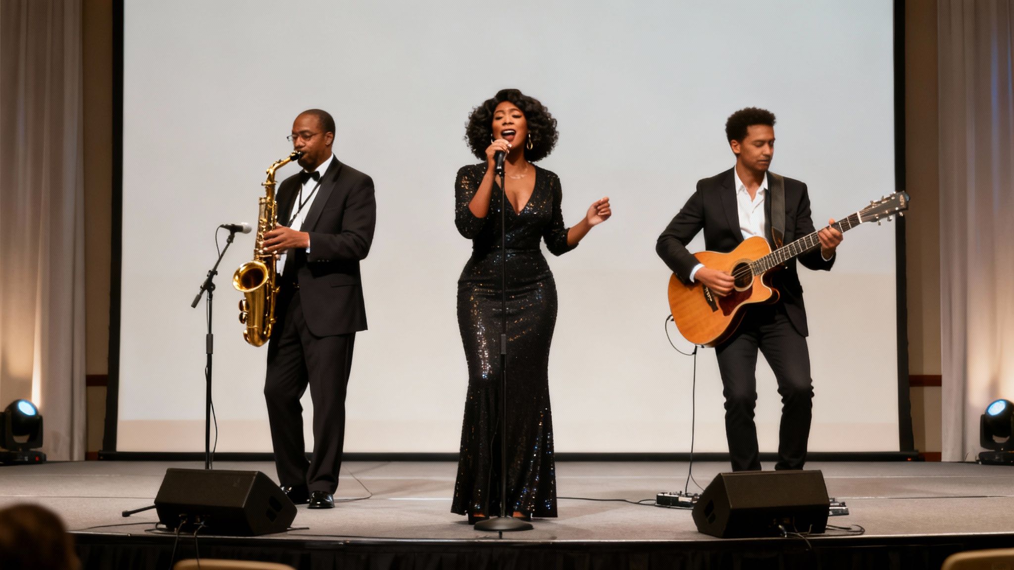 A female singer performing with a live band at a corporate event, with purple and blue stage lighting.