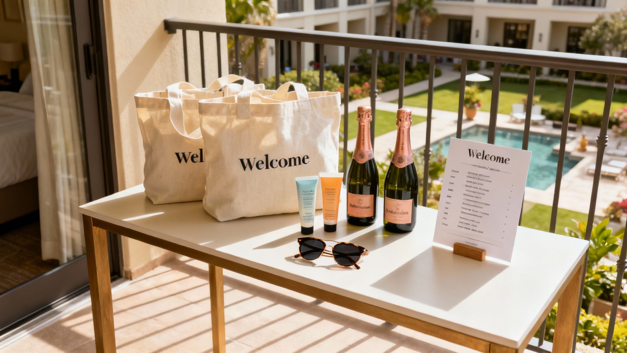 Friends enjoying catered food by a stylish hotel pool.