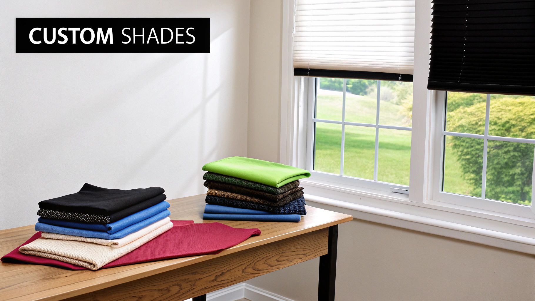 A bright living room featuring white double cell cellular shades on large windows, complementing a modern and airy decor.