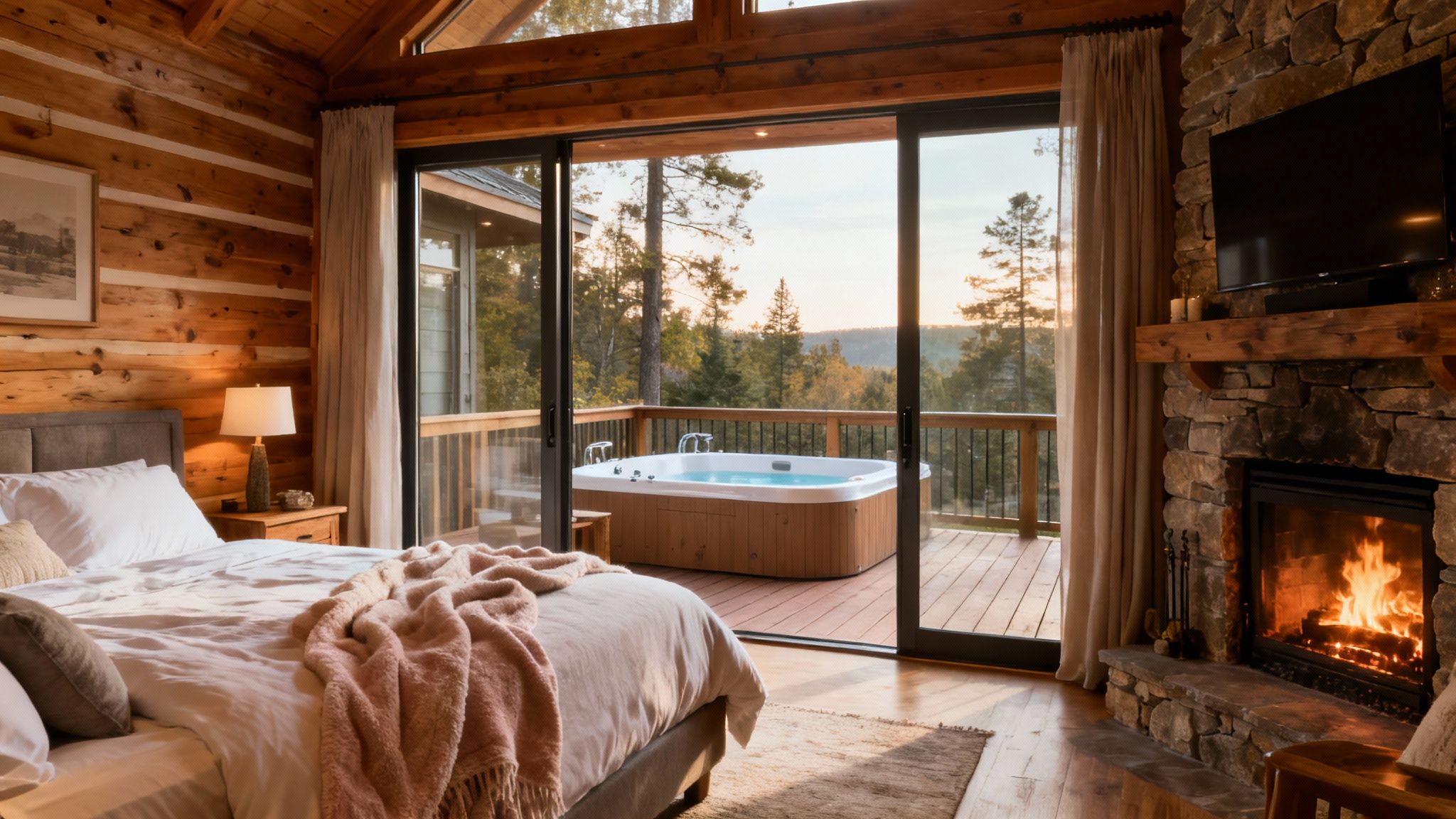 Cozy log cabin bedroom with a bed, fireplace, and hot tub on a deck overlooking a forest.