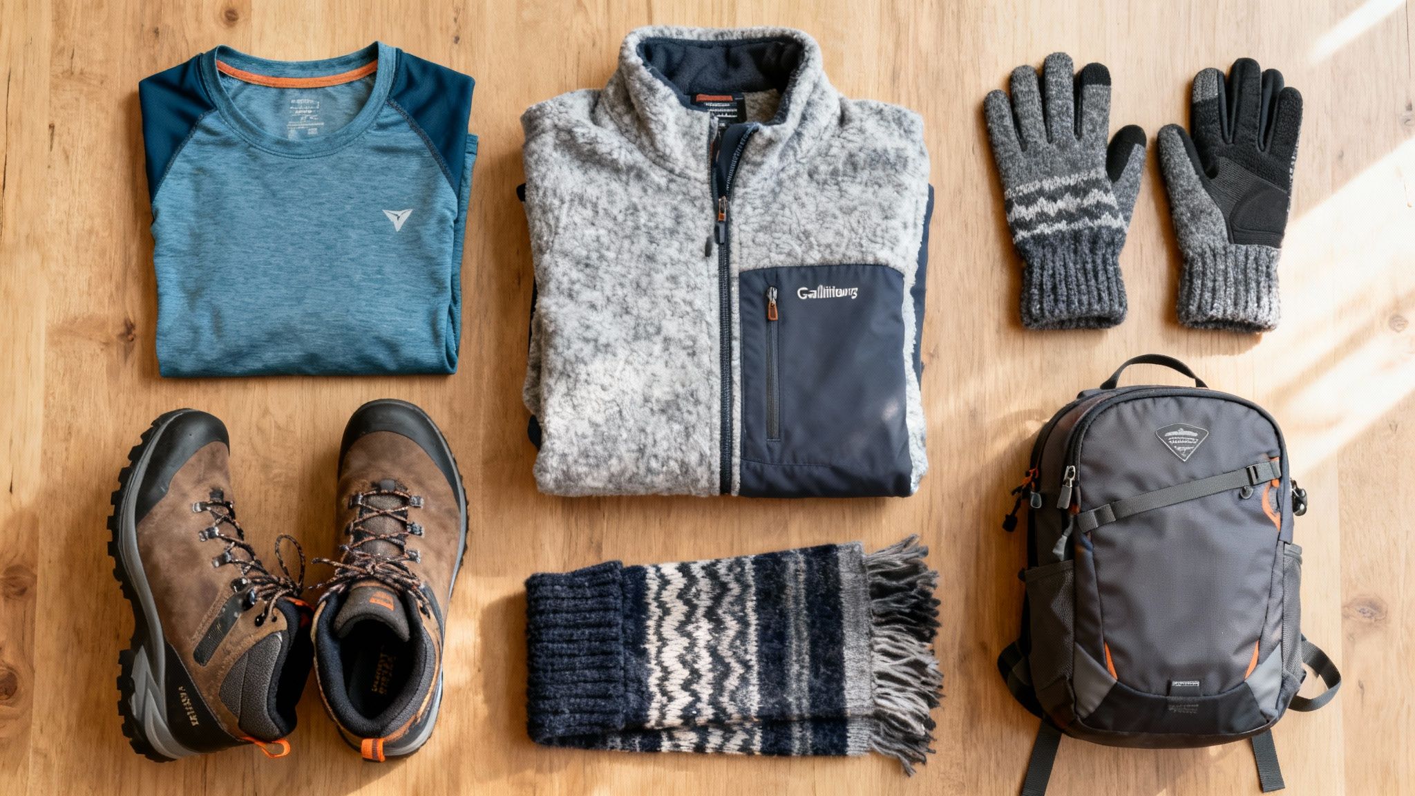 A flat lay of winter hiking gear, including a fleece, shirt, boots, gloves, scarf, and backpack.