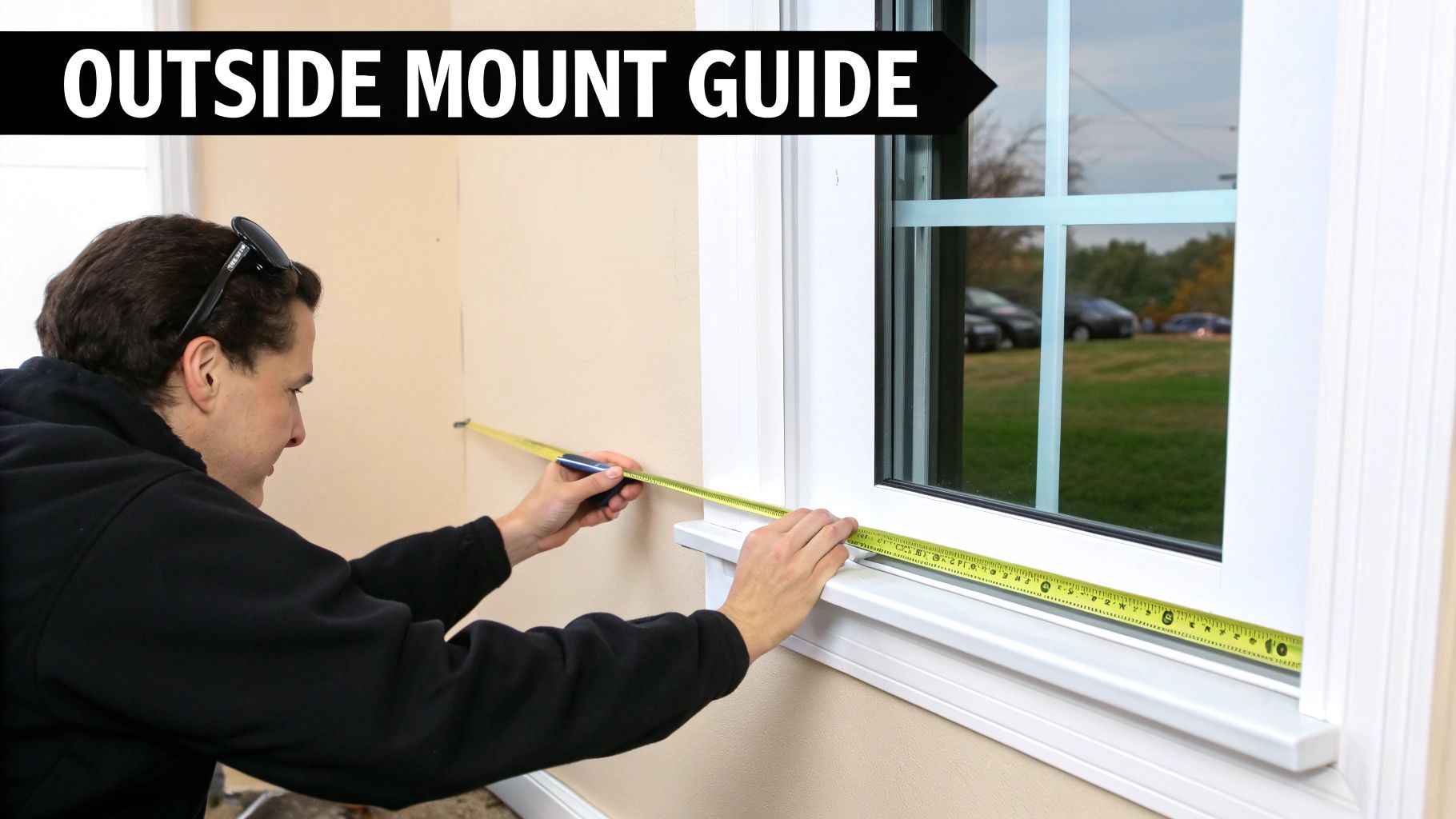 A cleanly installed outside mount Roman shade overlapping the window frame, enhancing the room&#39;s decor.